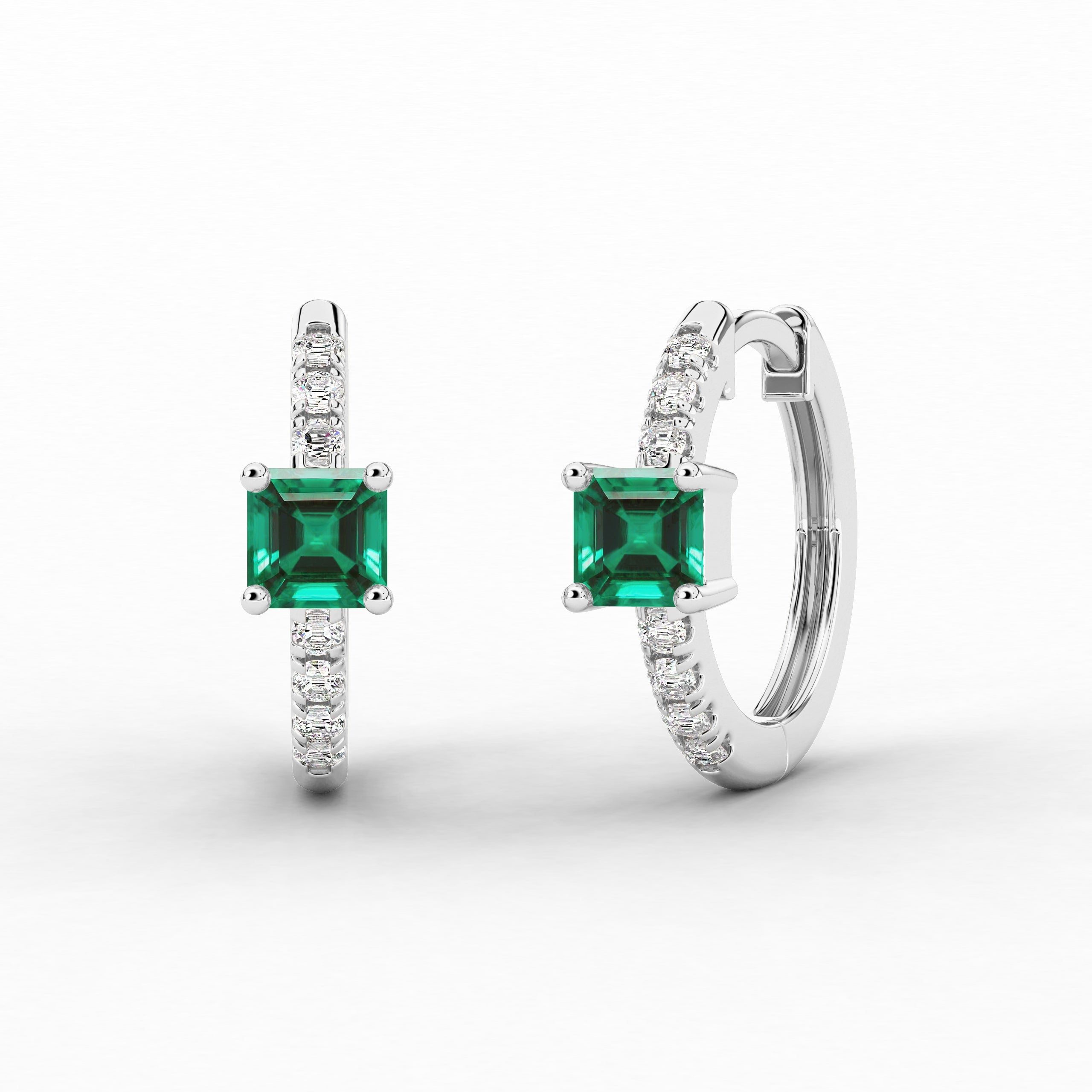 White Gold Asscher And Green Emerald Lab Grown Diamond Engagement Hoop Earring 