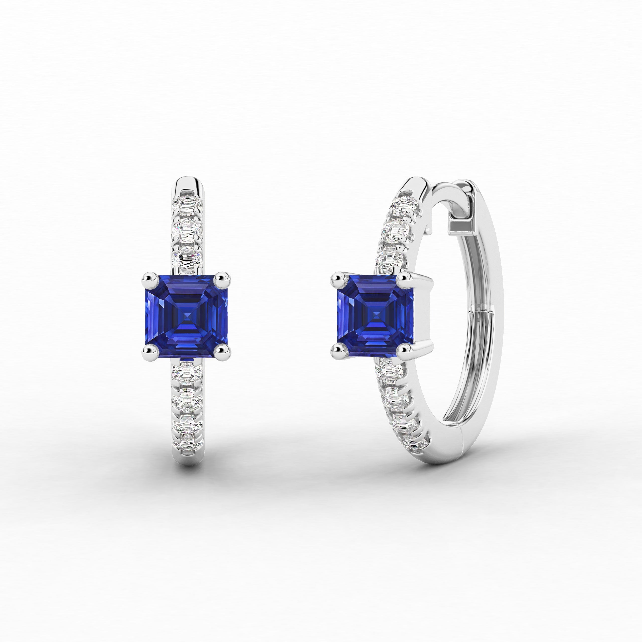 White Gold Asscher And Blue Sapphire Lab Grown Diamond Engagement Hoop Earring
