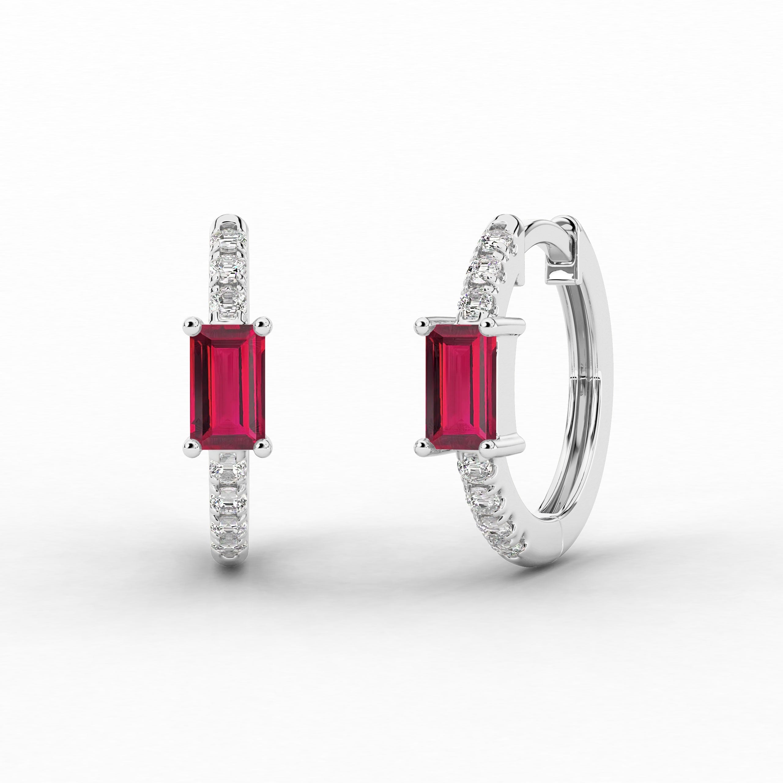 White Gold Hoop Earring In Baguette And Ruby Cut Moissanite Diamond Engagement  For Woman ]