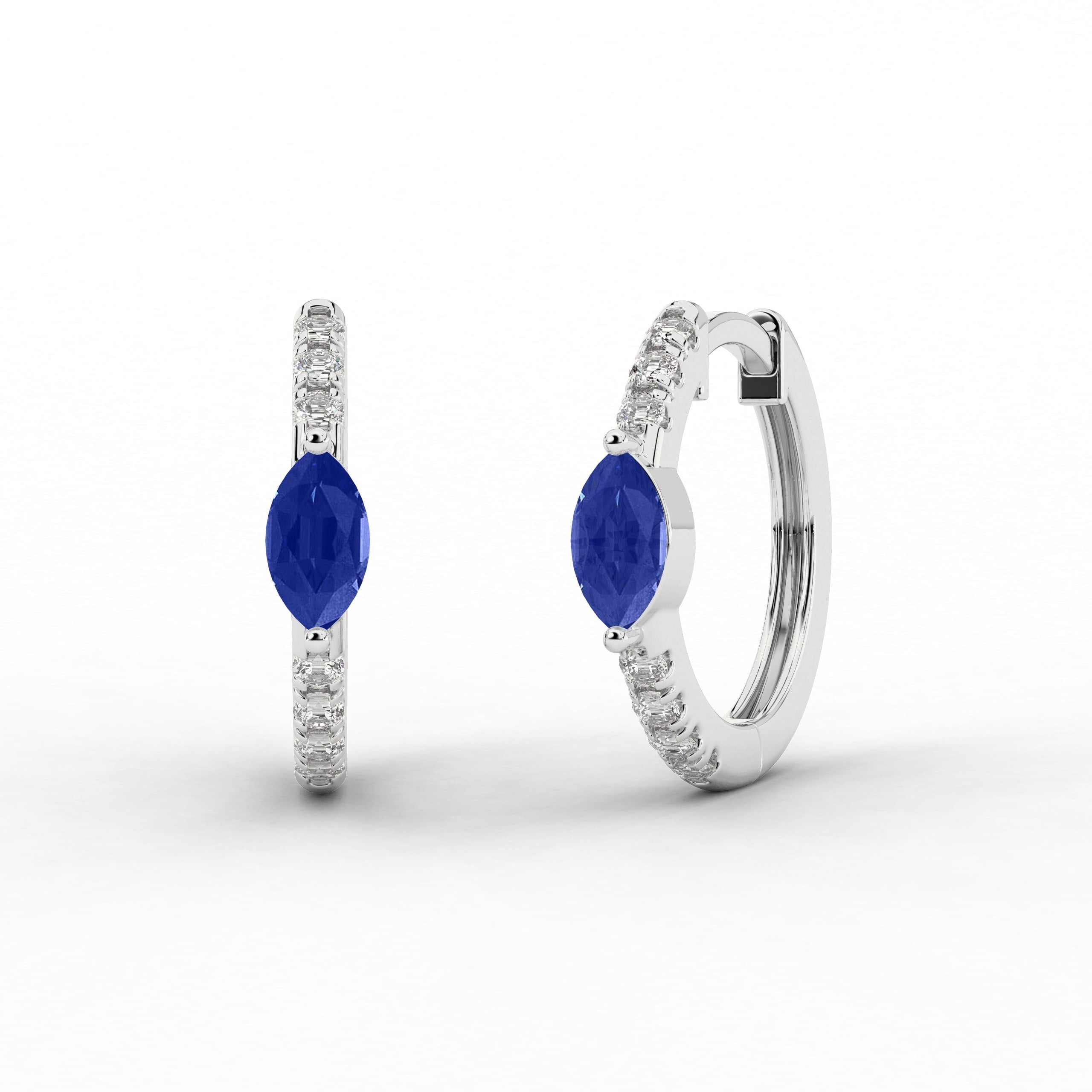 White Gold Marquise And Blue Sapphire Lab Grown Diamond Engagement Hoop Earring