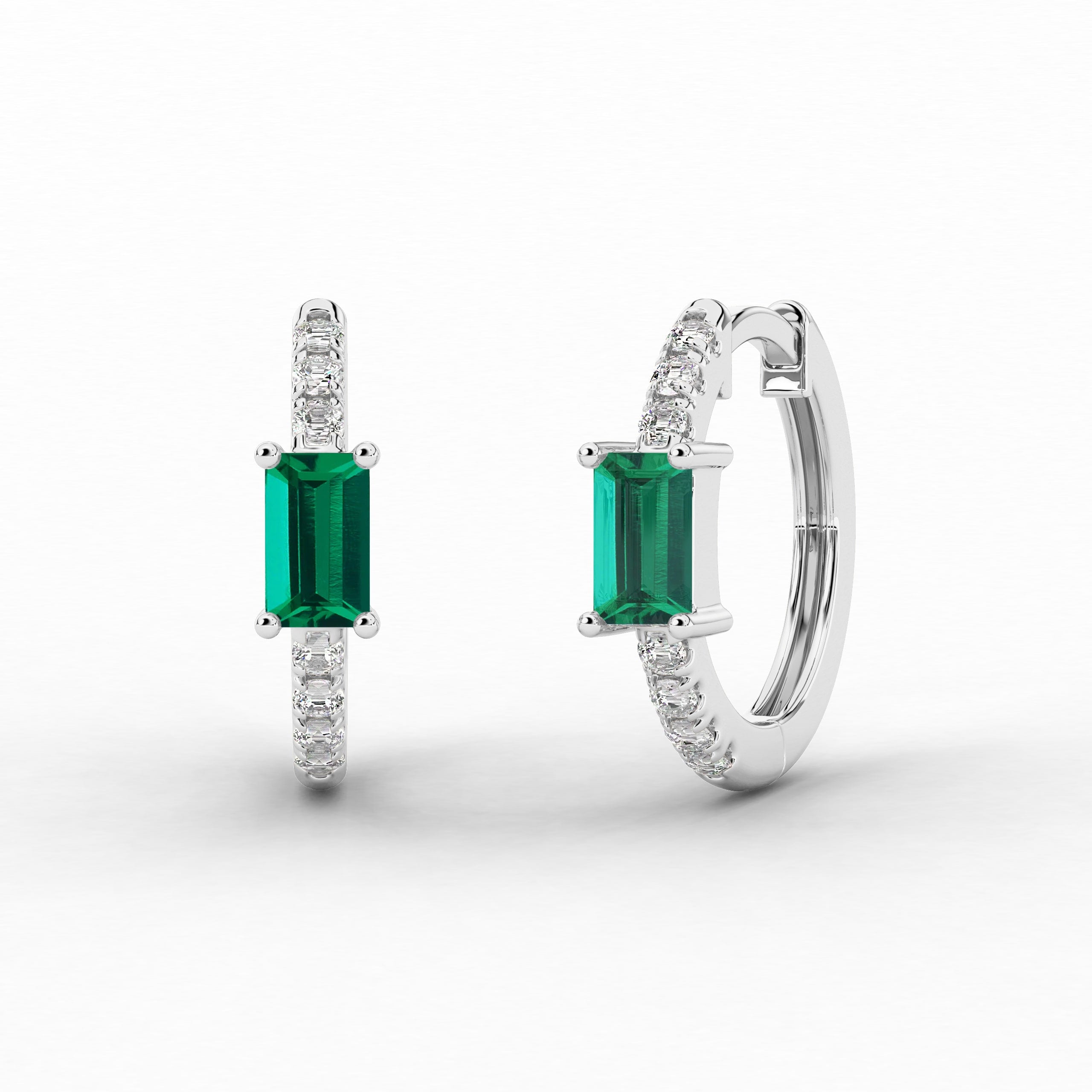 White Gold Hoop Earring Green Emerald And Baguette Diamond 