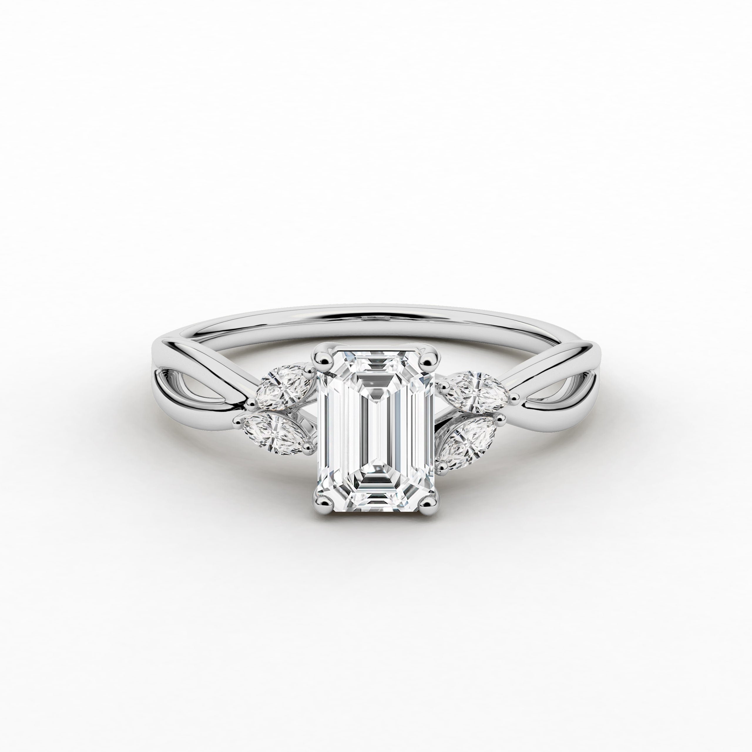 Emerald Petal Diamond Engagement Ring With  Marquise In White Gold
