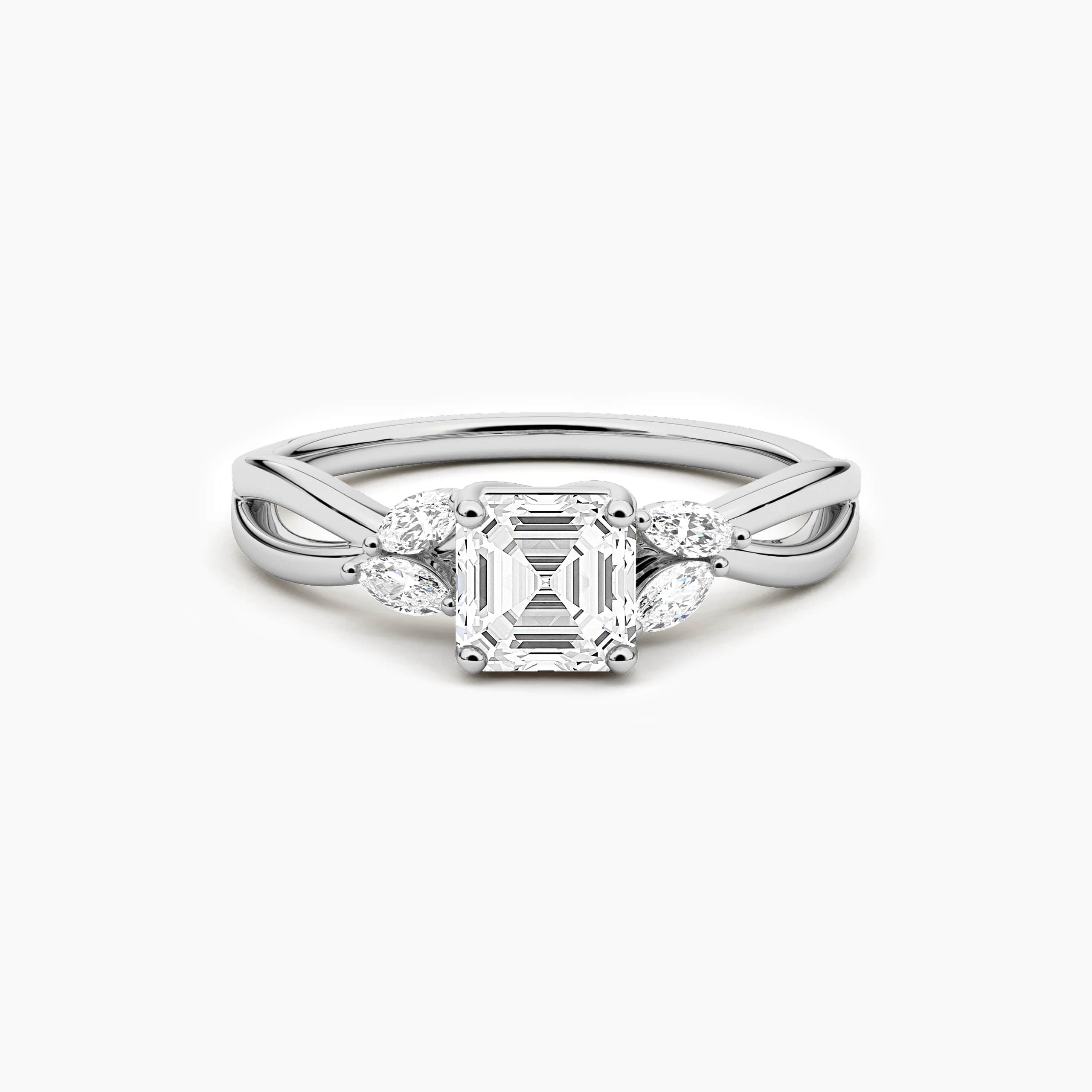 Nature Inspired Asscher Cut and Marquise Diamond Engagement Ring in White Gold