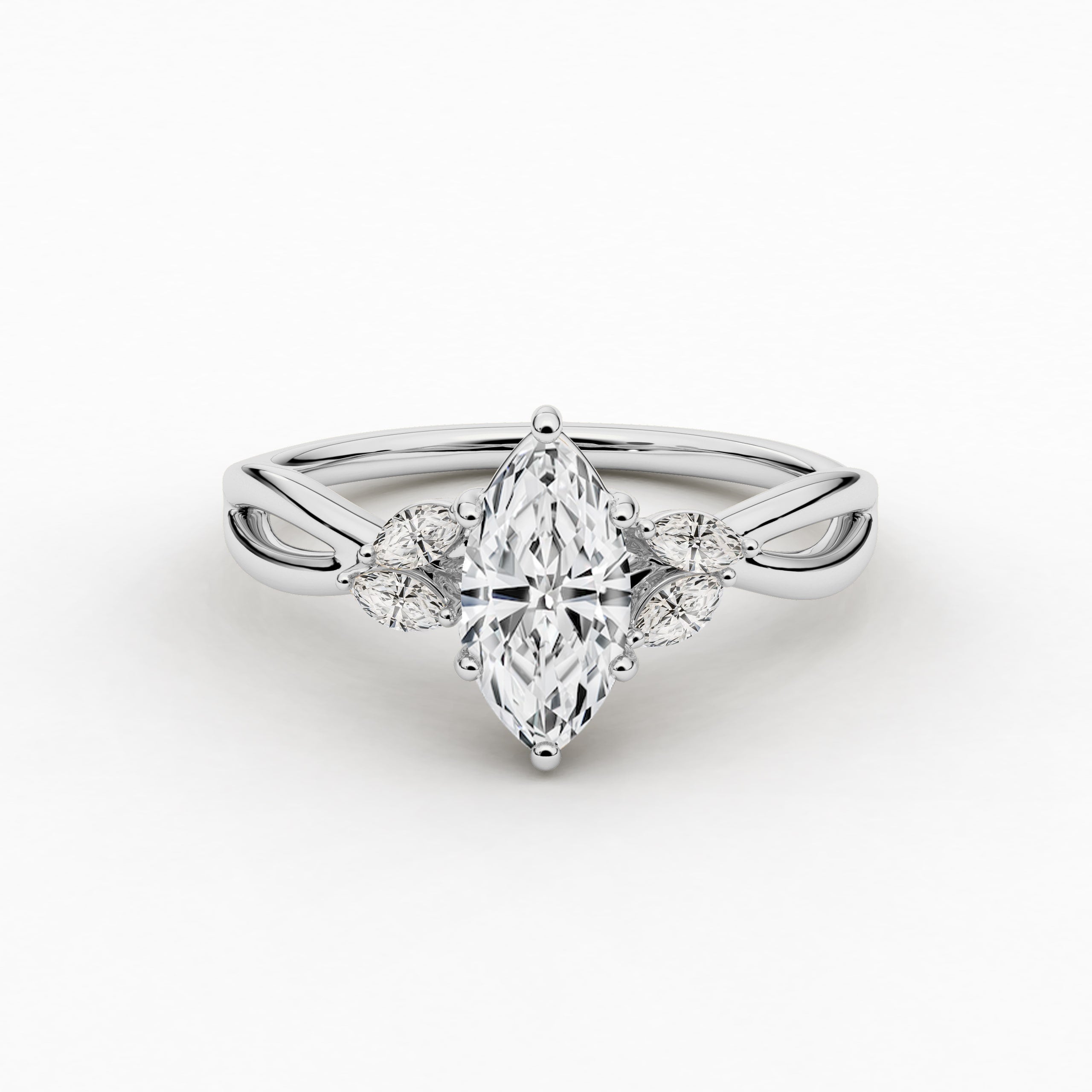 Moissanite and diamond engagement ring with marquise accent nature inspired in white gold