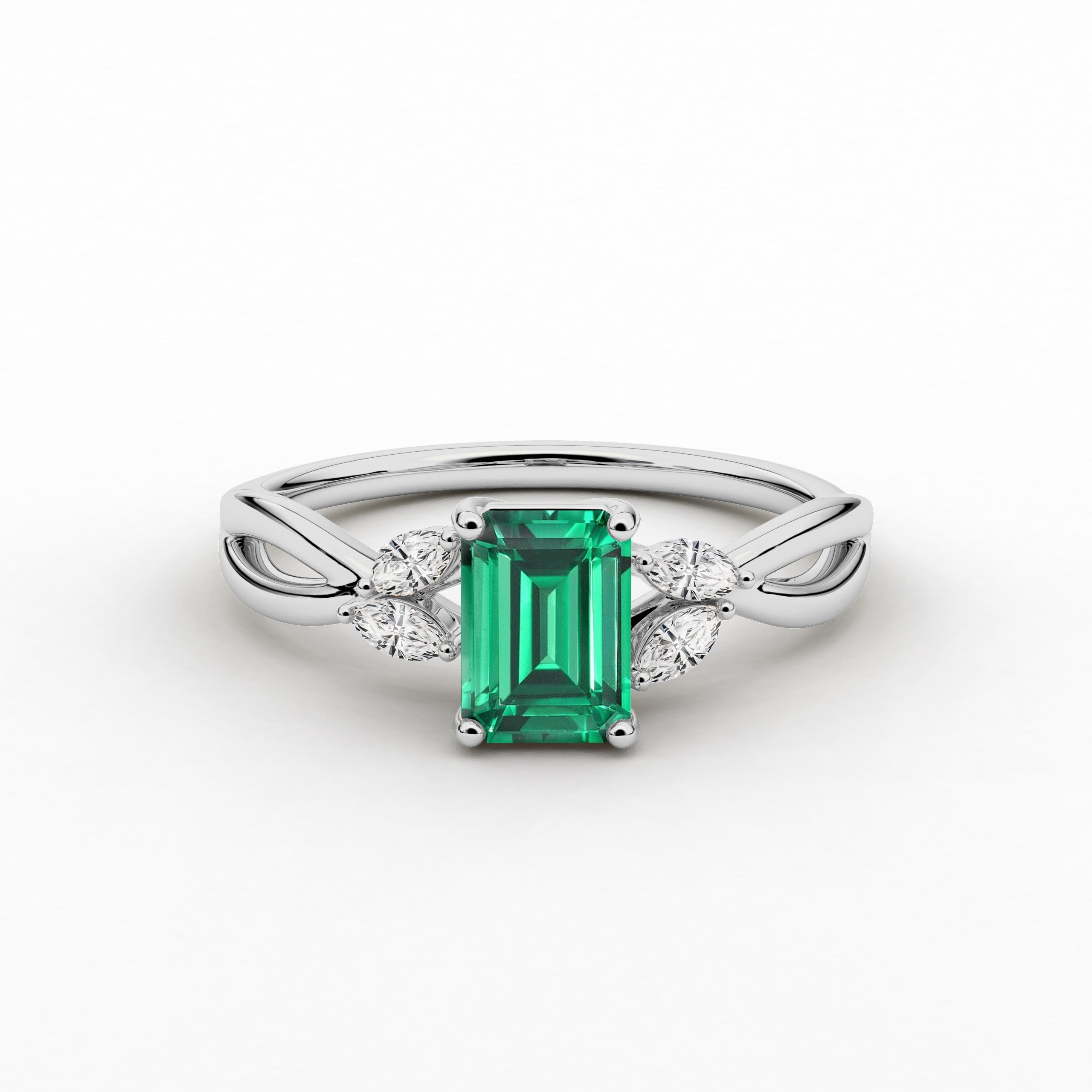 Nature Inspired Engagement Ring In Emerald Cut Green Emerald In White Gold