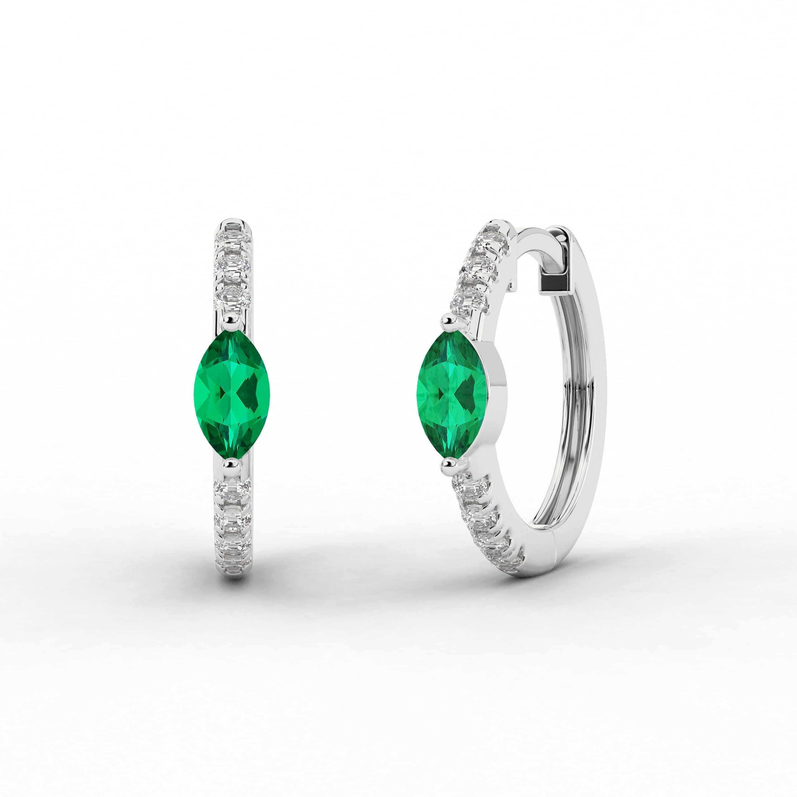 White Gold Marquise And Green Emerald Lab Grown Diamond Engagement Hoop Earring 