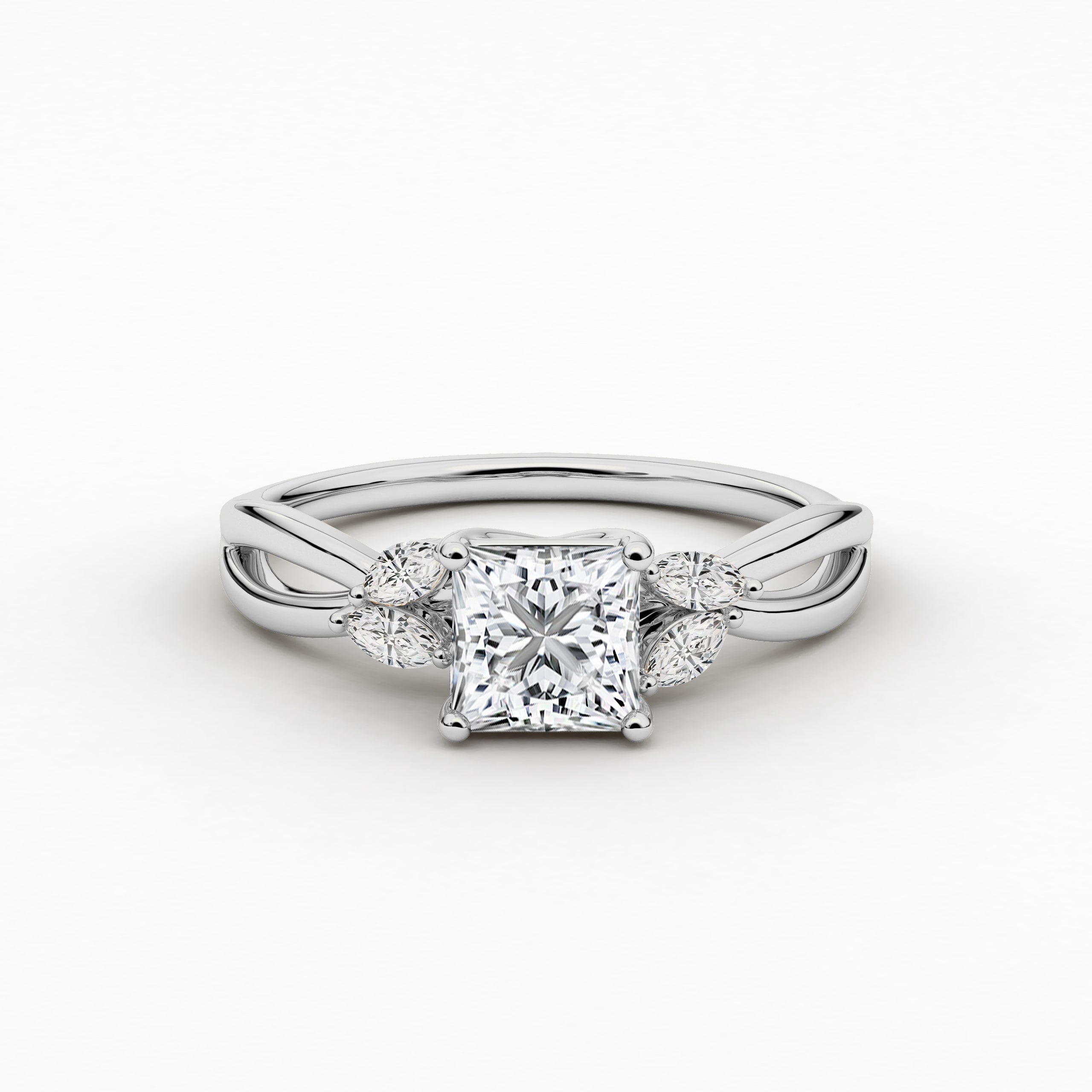 Princess Cut Moissanite Engagement Ring In Nature Inspired Ring In White Gold