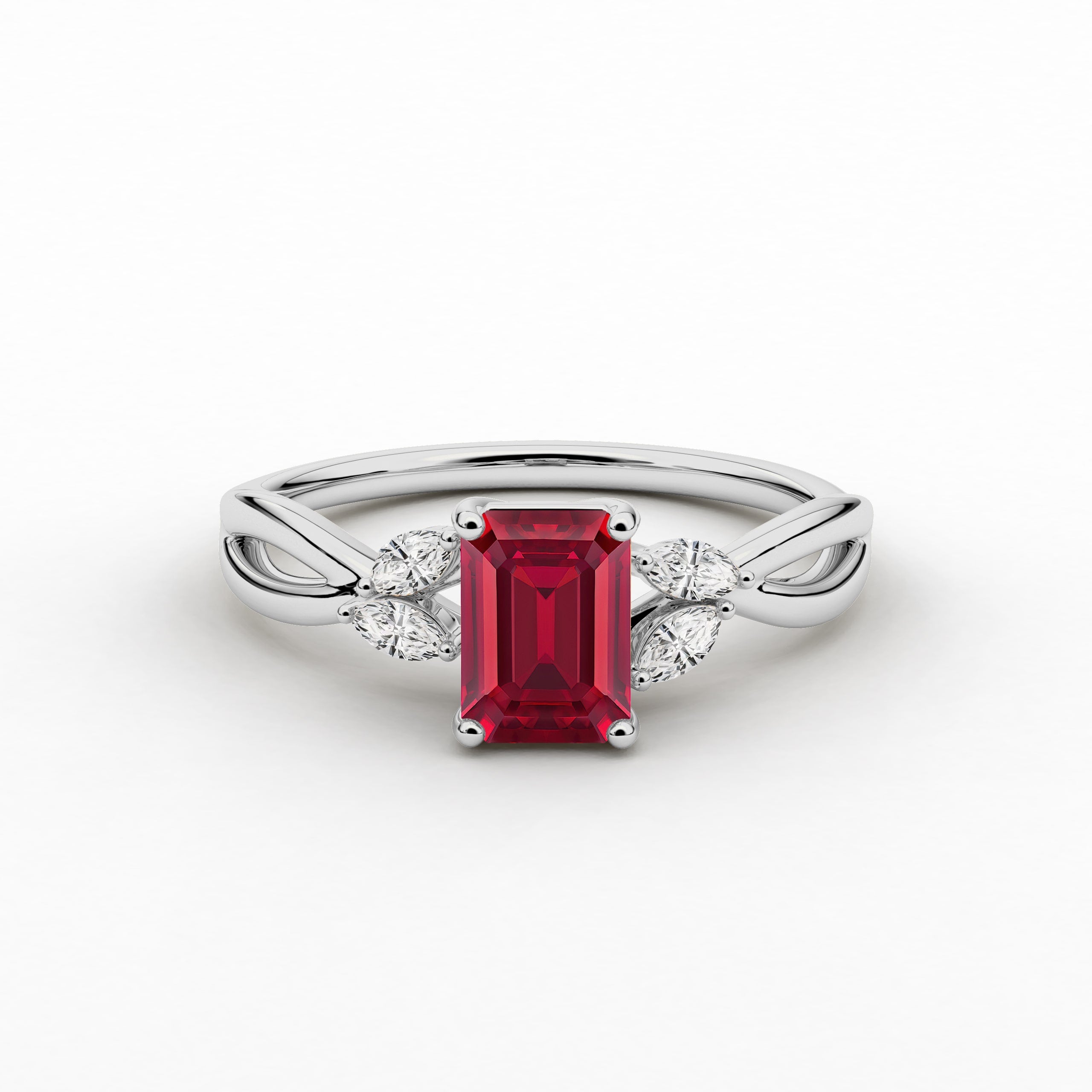 White Gold Nature Inspired Engagement Ring In Emerald Cut Ruby Diamond Ring