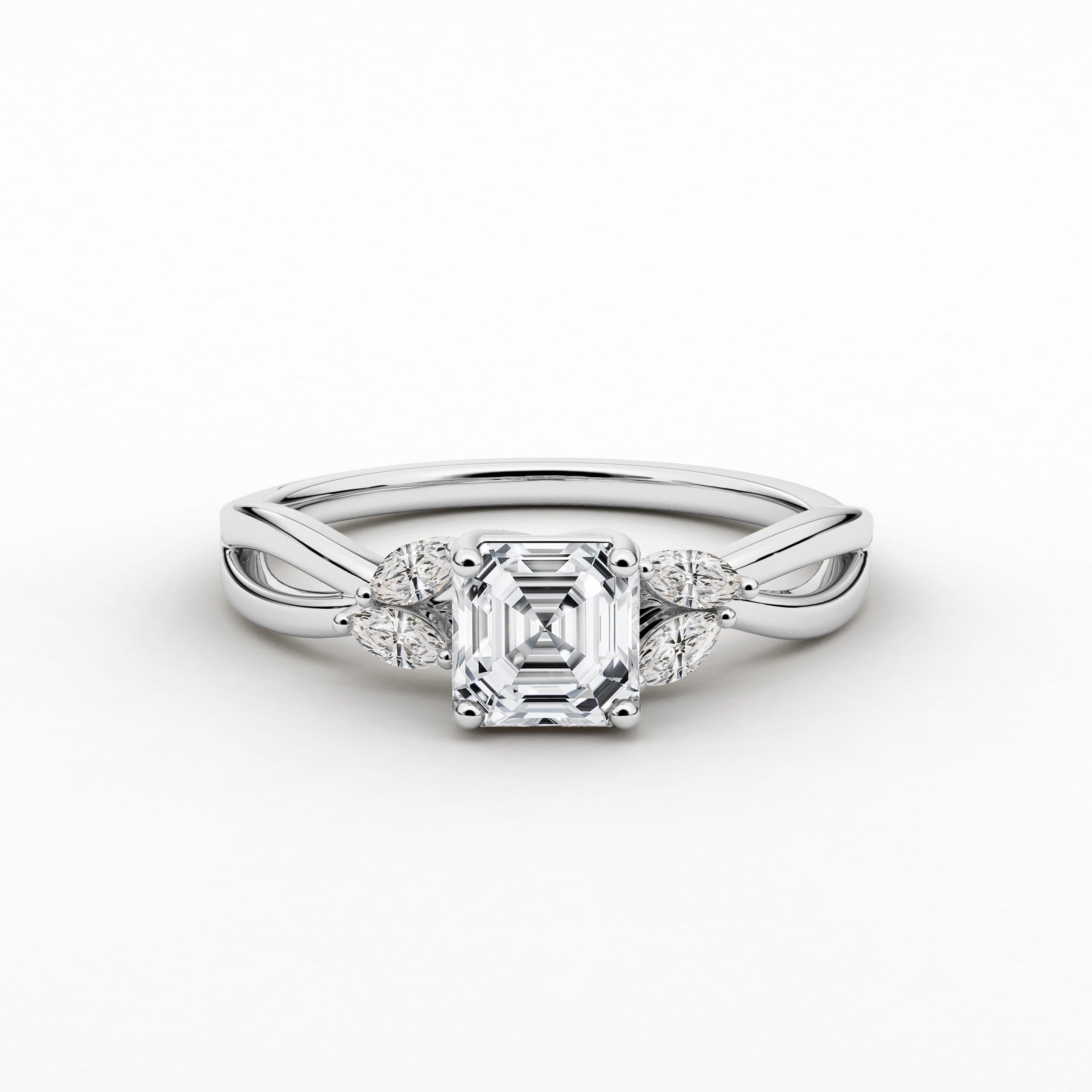Nature Inspired Asscher Cut and Marquise Diamond  Engagement Ring in White Gold