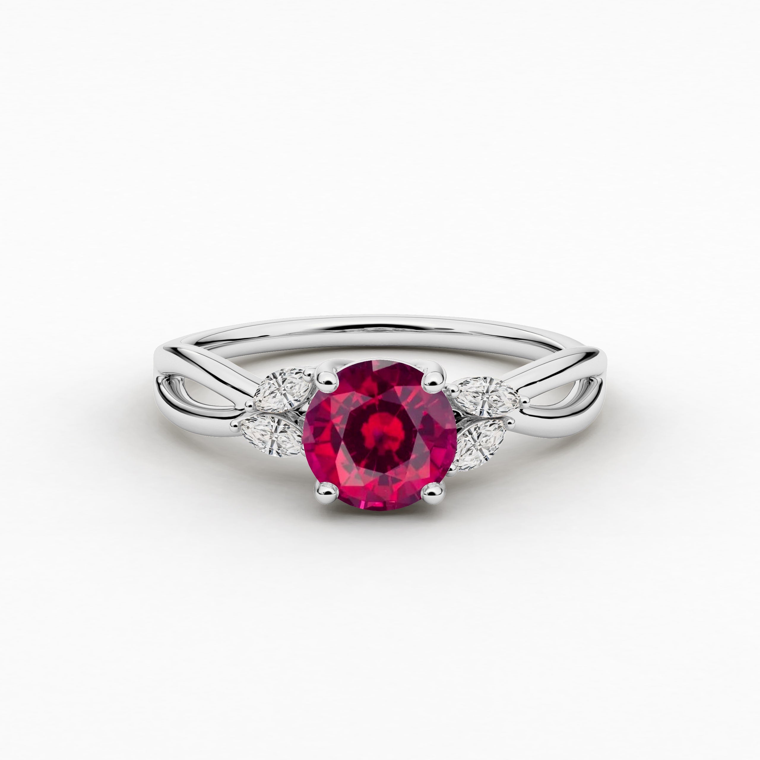 Round Cut Lab Ruby Ring, Unique Nature Inspired Engagement ring in White gold