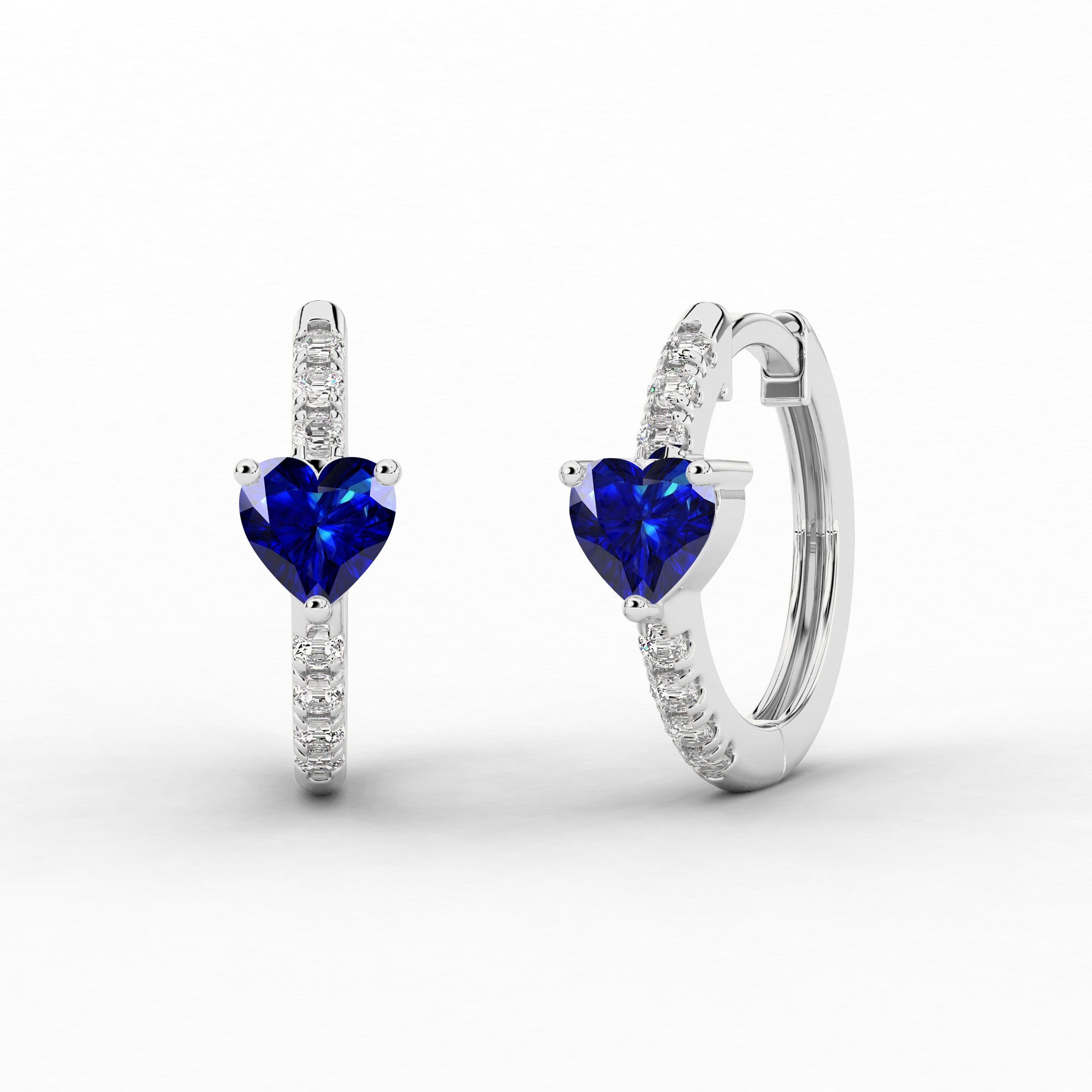 Heart And Blue Sapphire Shape Moissanite Diamond Engagement Hoop Earring In White Gold