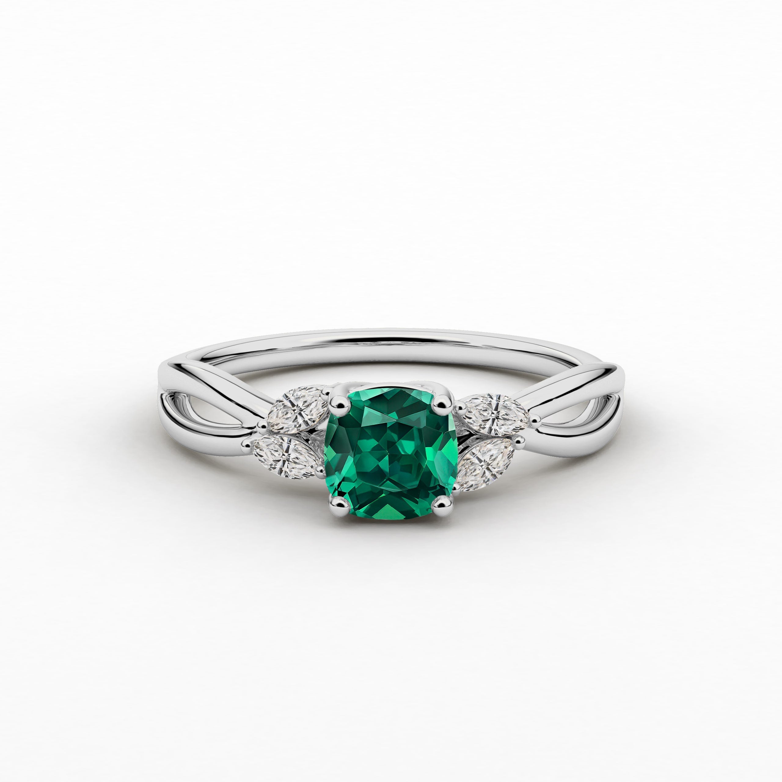  Cushion Cut Green Emerald Cut Nature Inspired Engagement Ring In White Gold