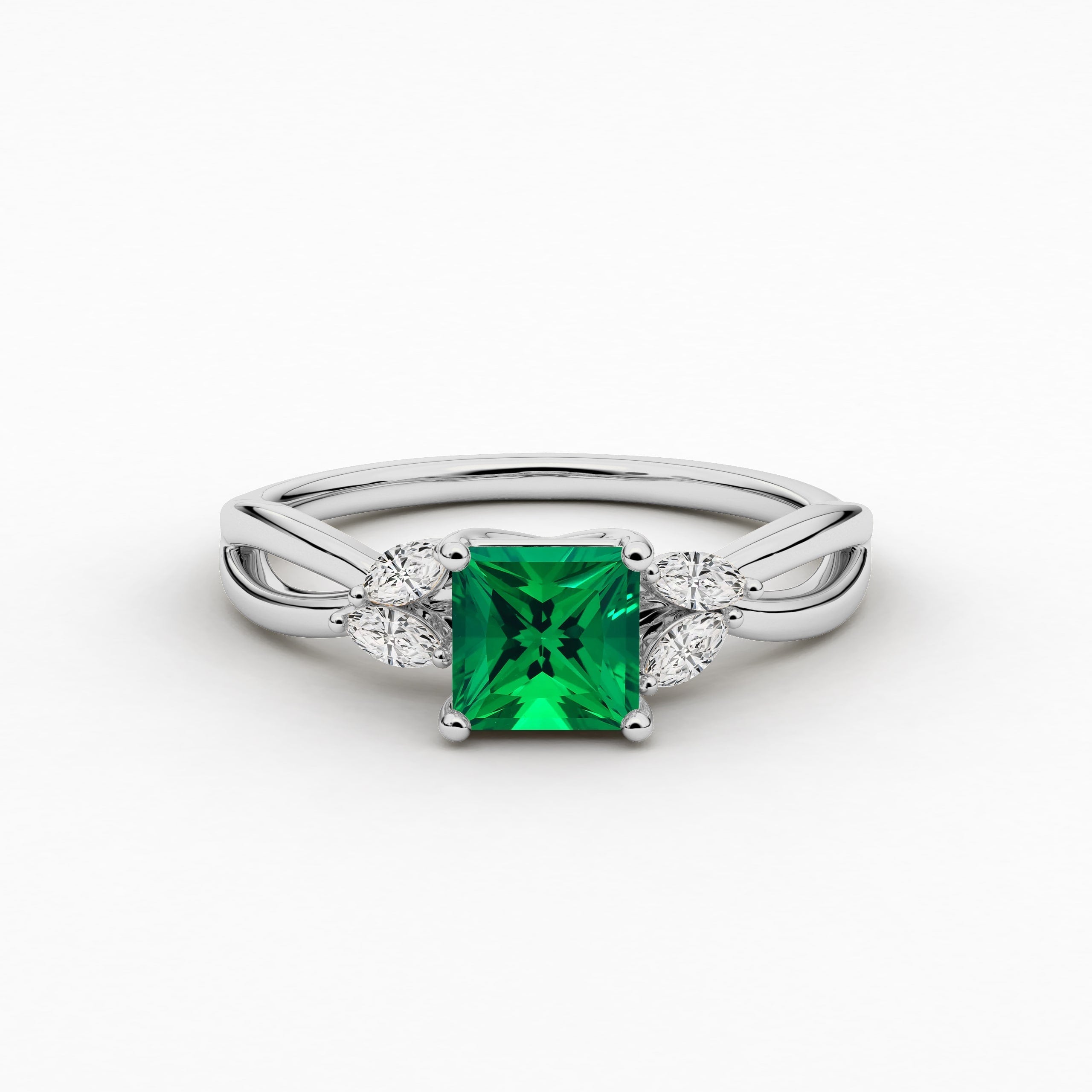 Princess Green Moissanite Diamond Emerald Ring, Unique Nature Inspired Engagement Ring in White gold