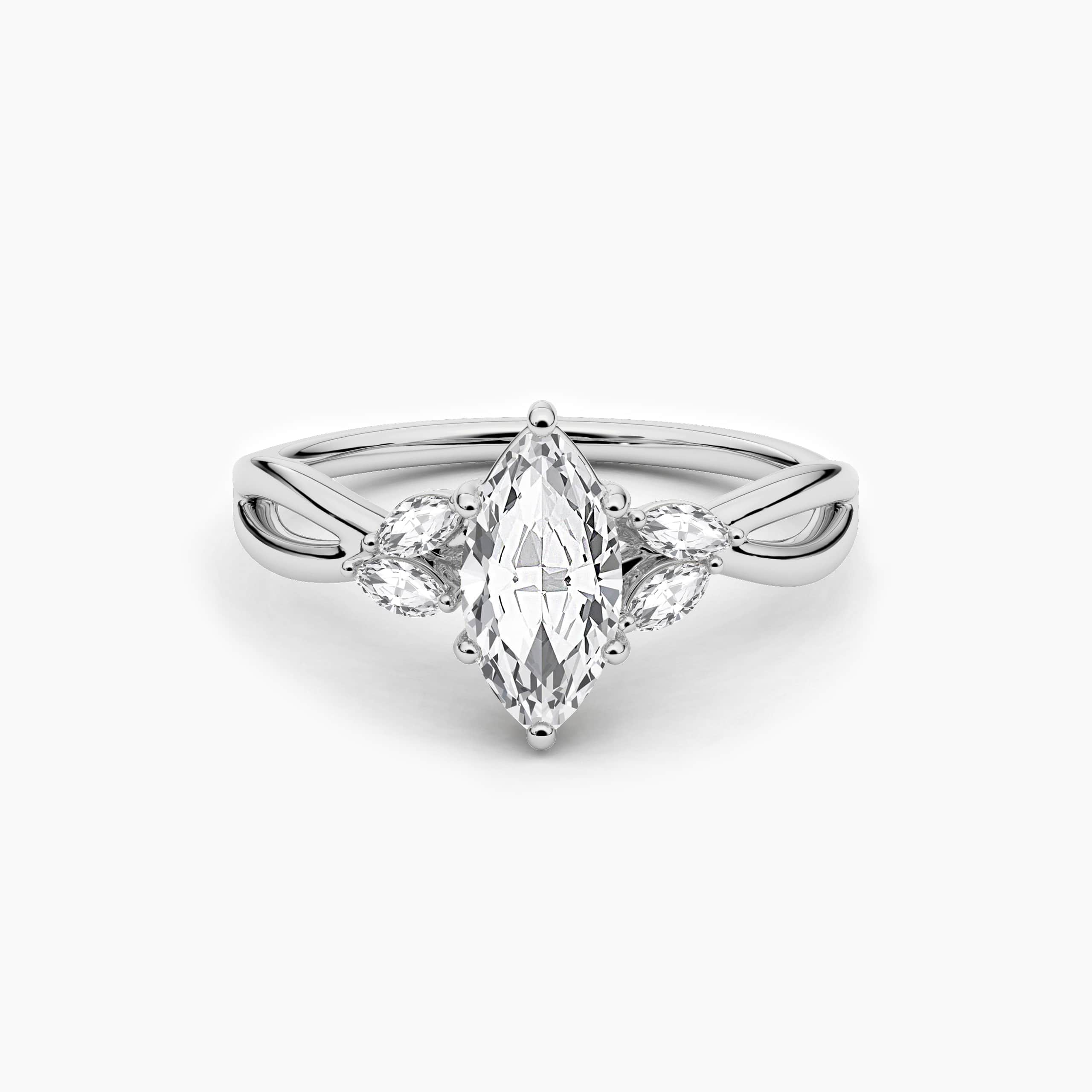 Moissanite and diamond engagement ring with marquise accent nature inspired in white gold