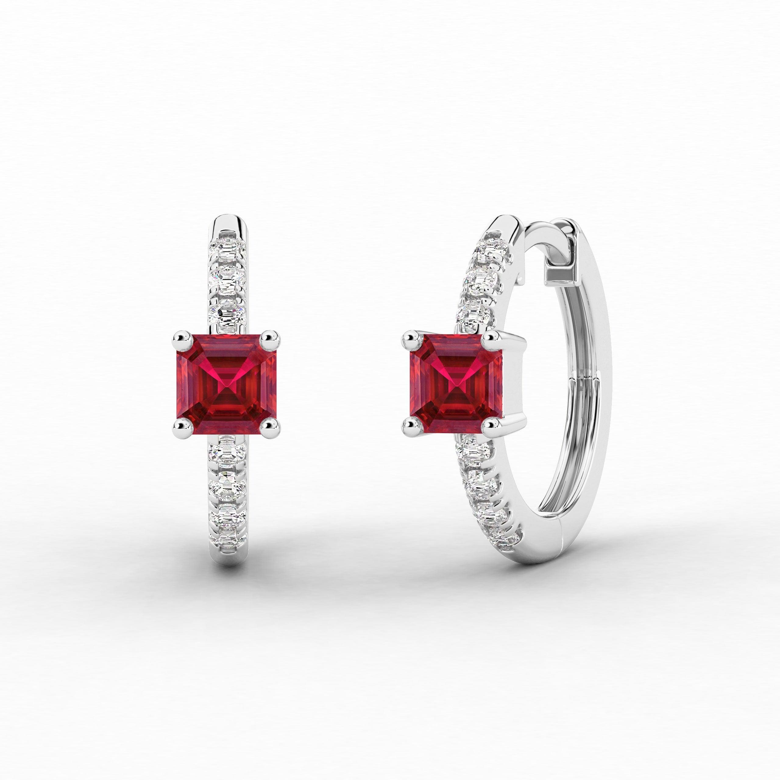 White Gold Hoop Earring In Asscher And Ruby Lab Grown Diamond 