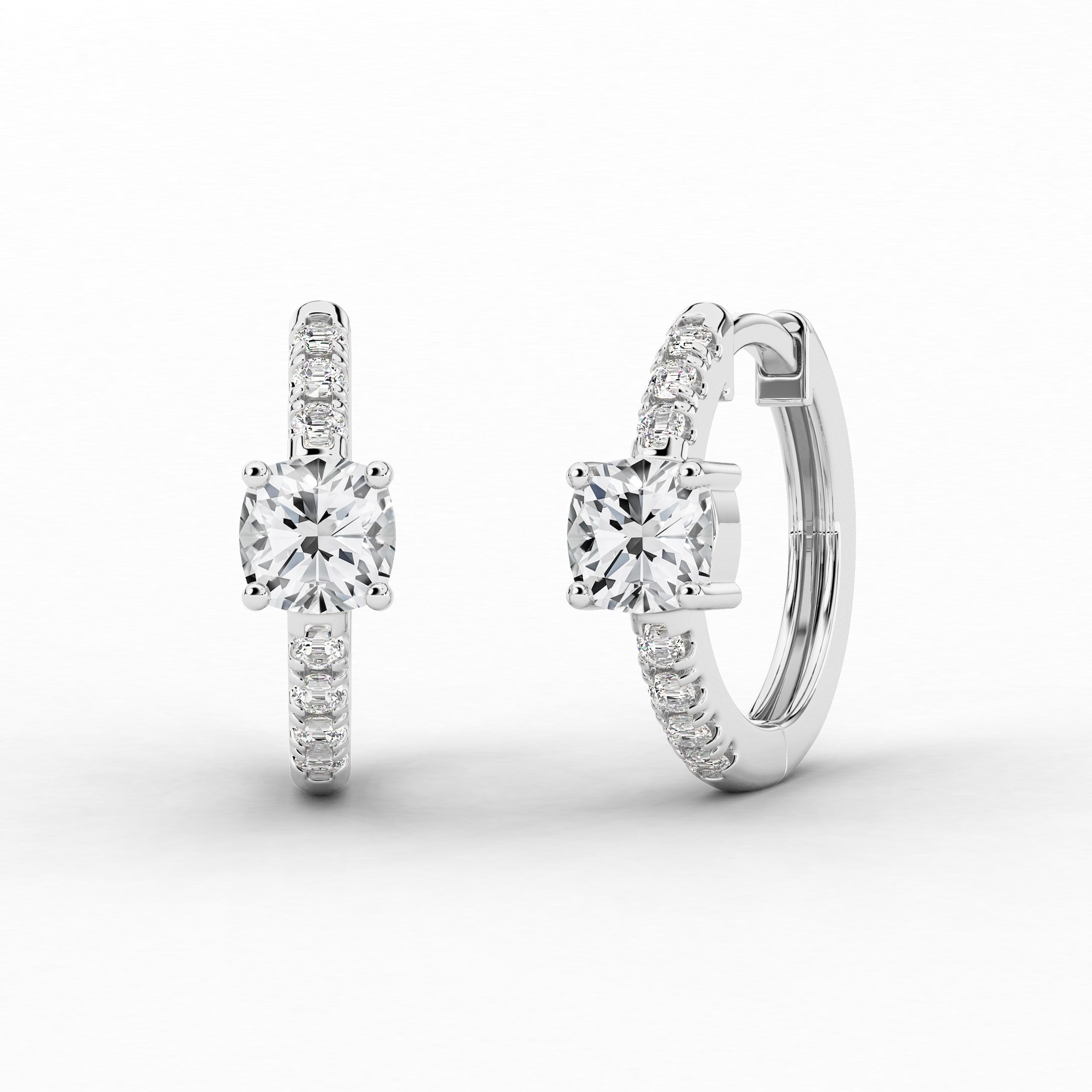 White Gold Cushion Cut Hoop Earring With Side Stones