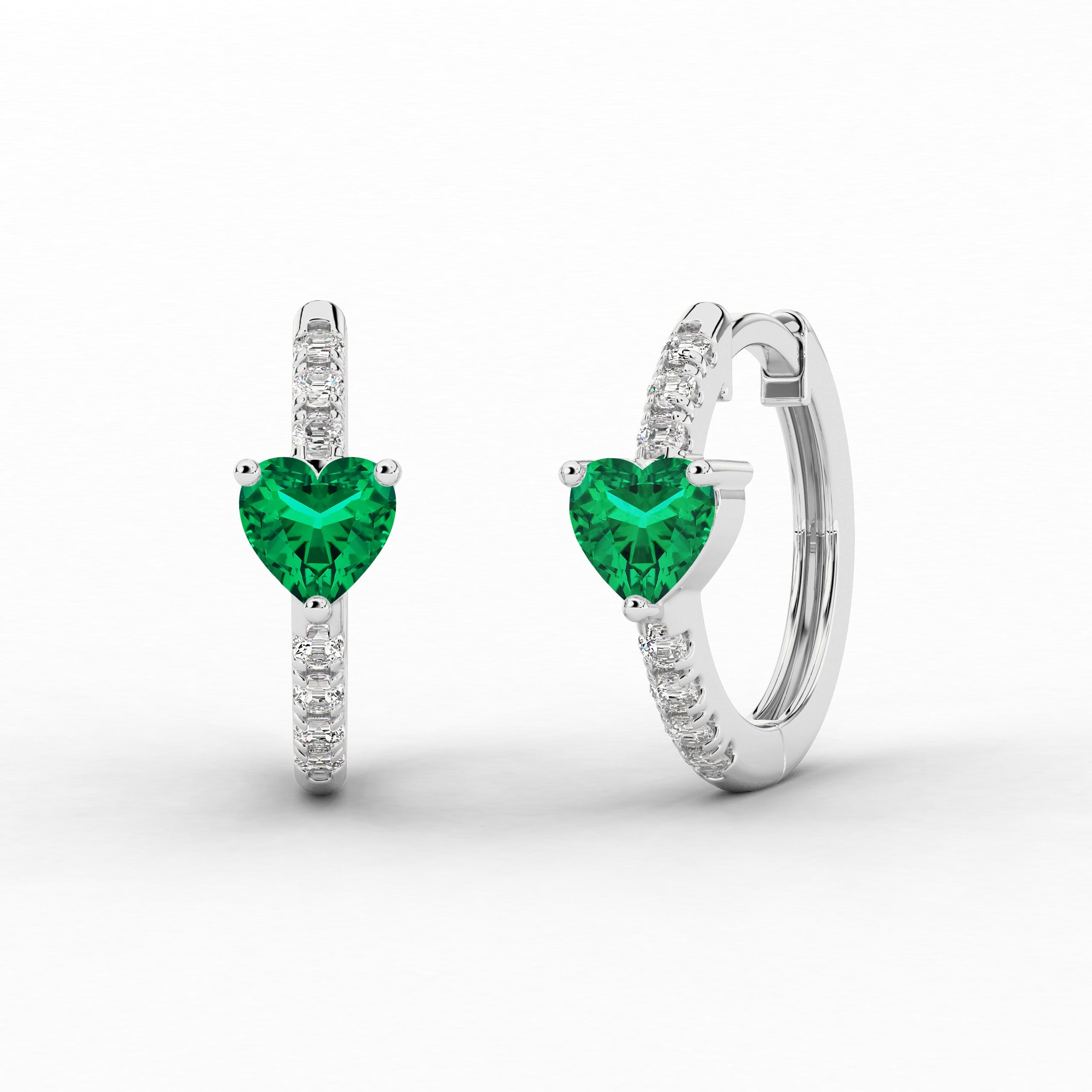 Heart And Green Emerald Shape Moissanite Diamond Engagement Hoop Earring  In White Gold 