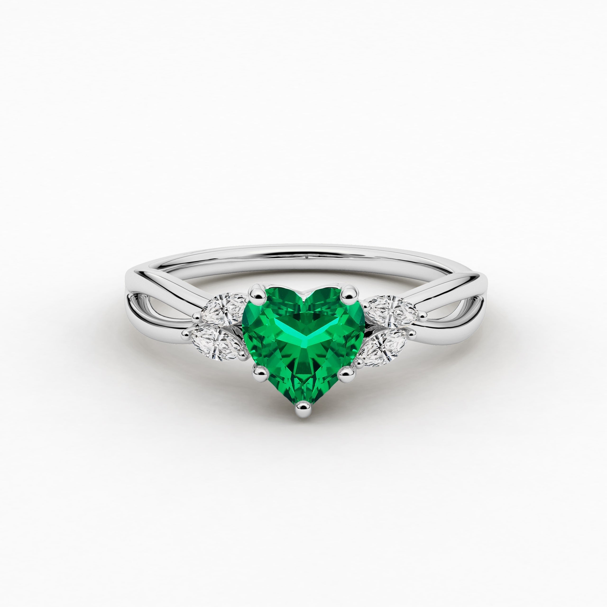 Nature Inspired Engagement Ring In Heart  Cut Green Emerald In White Gold