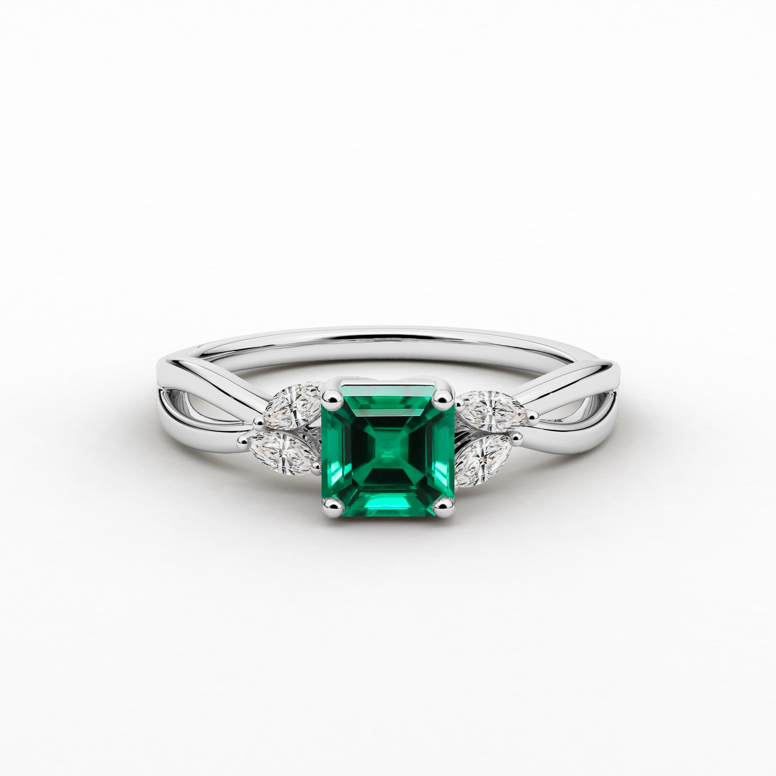 Nature Inspired Engagement Ring In Asscher Cut Green Emerald In White Gold 