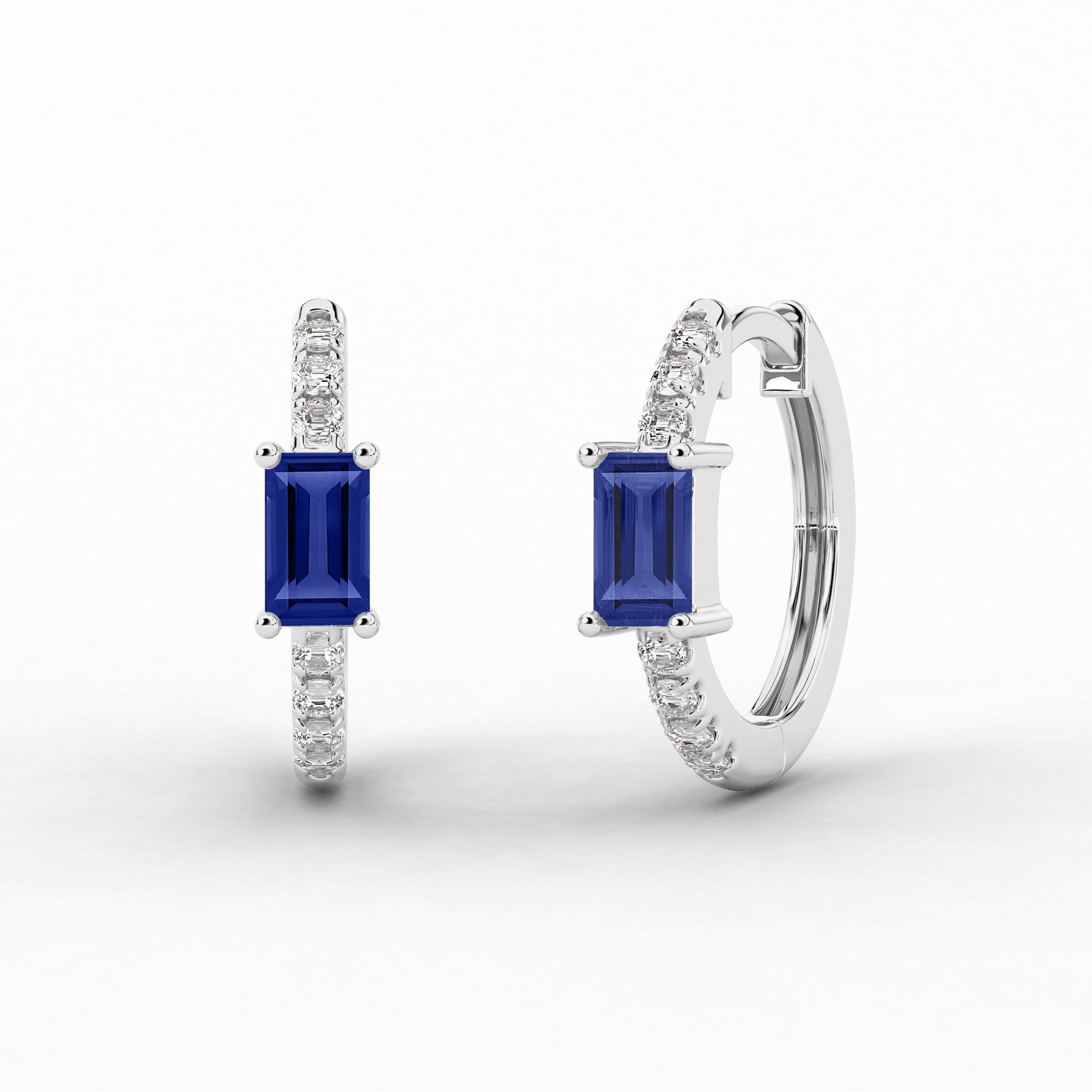 White Gold Hoop Earring Blue Sapphire And Baguette Diamond