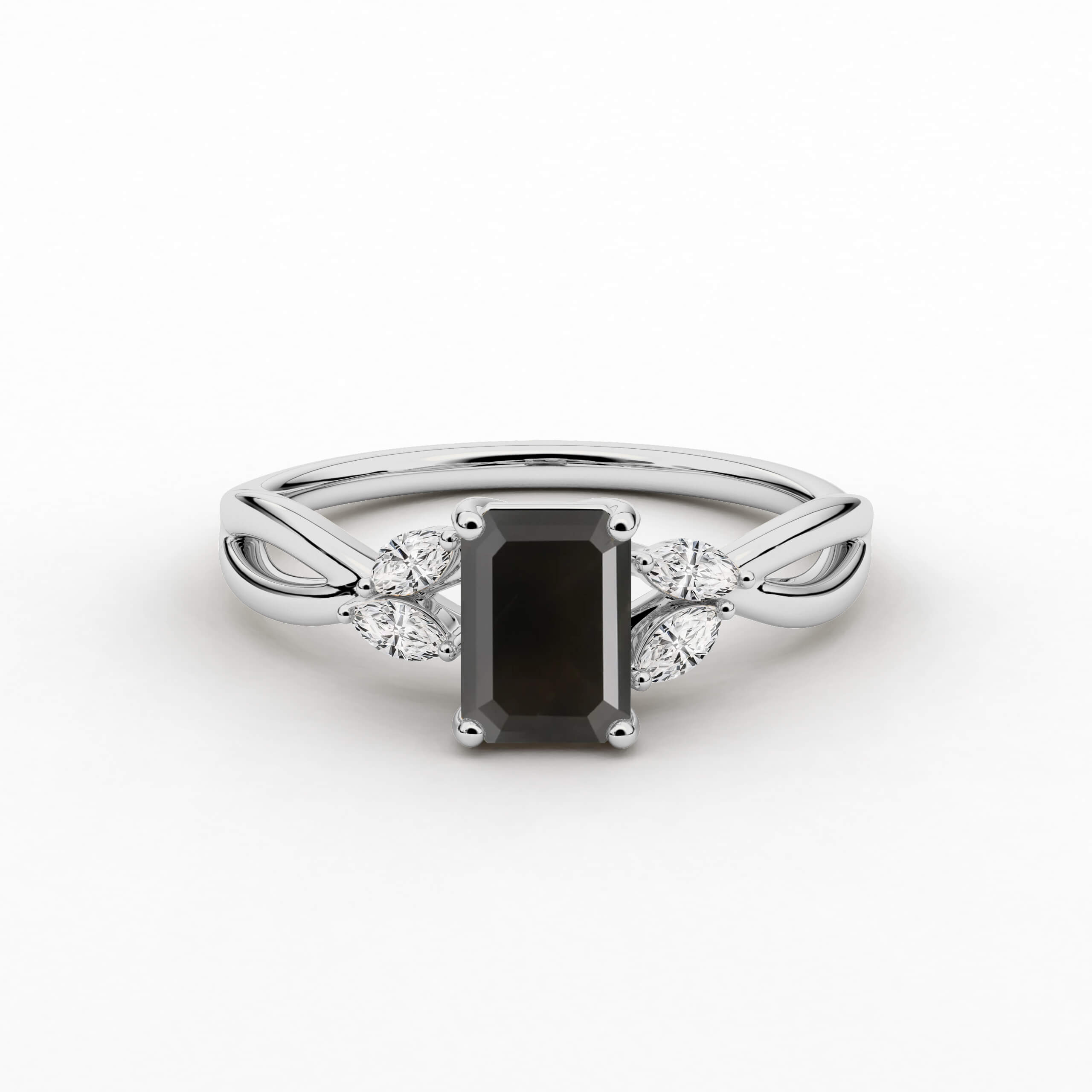 White Gold Emerald Cut Black  Moissanite Diamond Ring