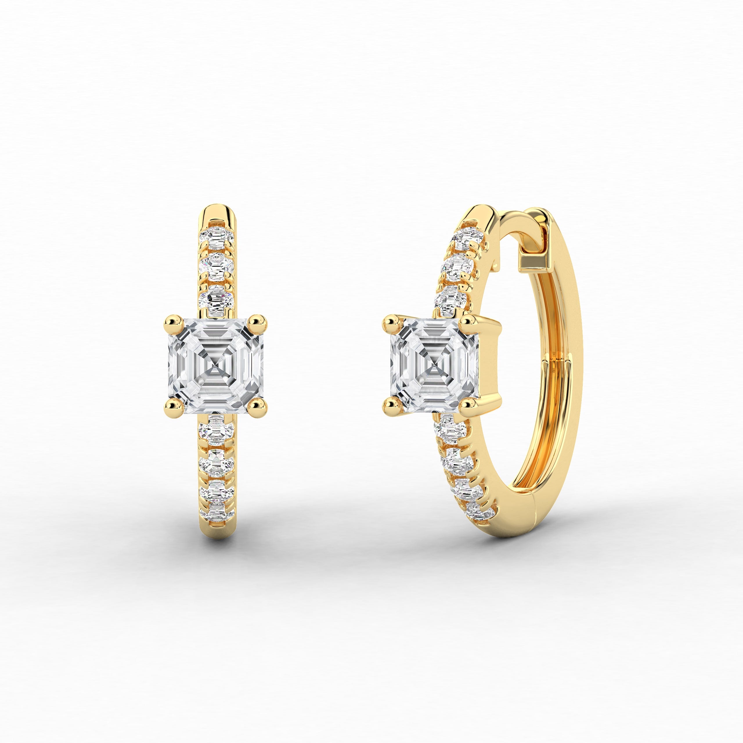 Asscher Cut  Hoop Withe Side Stones For Engagement In Yellow Gold