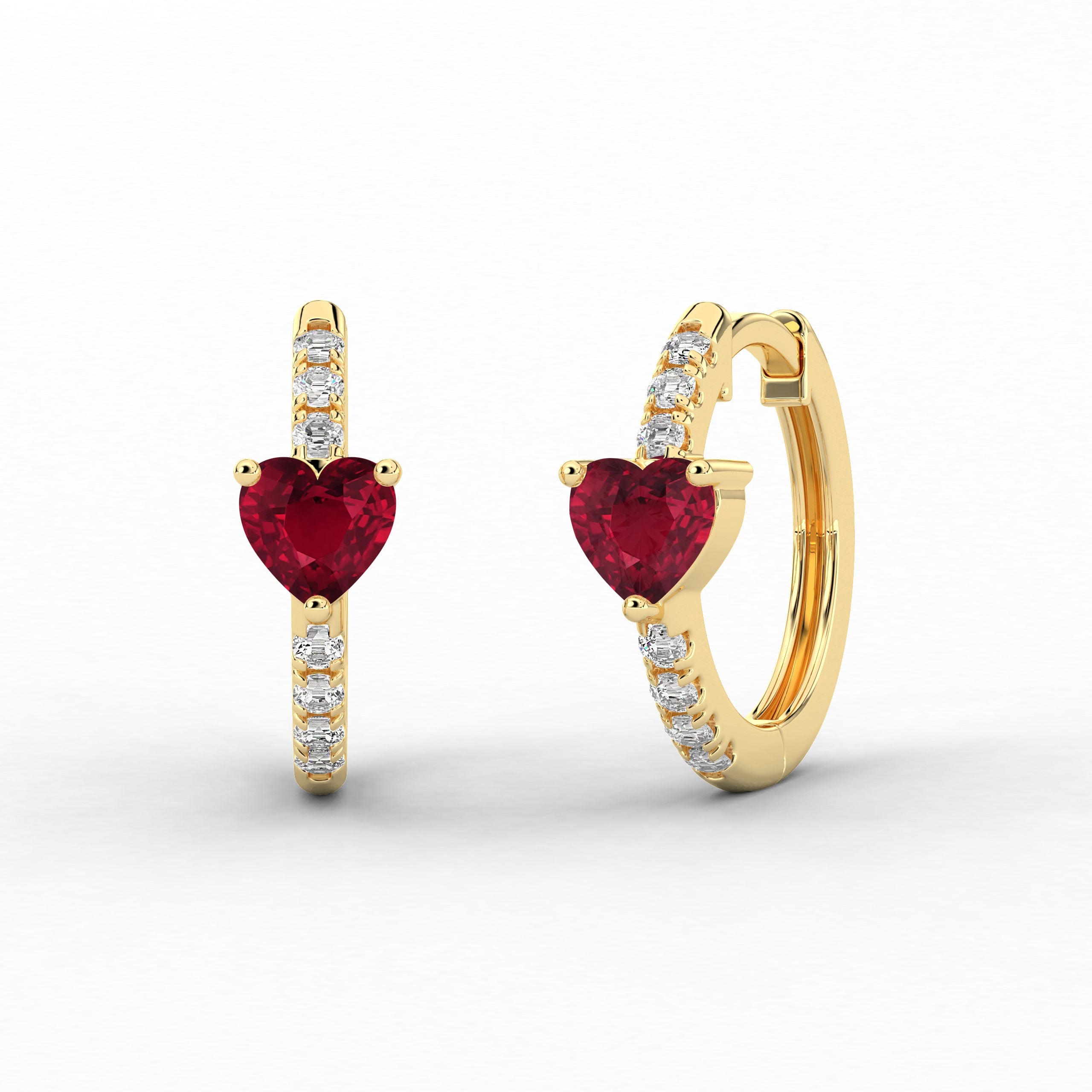 Heart And Ruby Shape Moissanite Diamond Engagement Hoop Earring In Yellow Gold