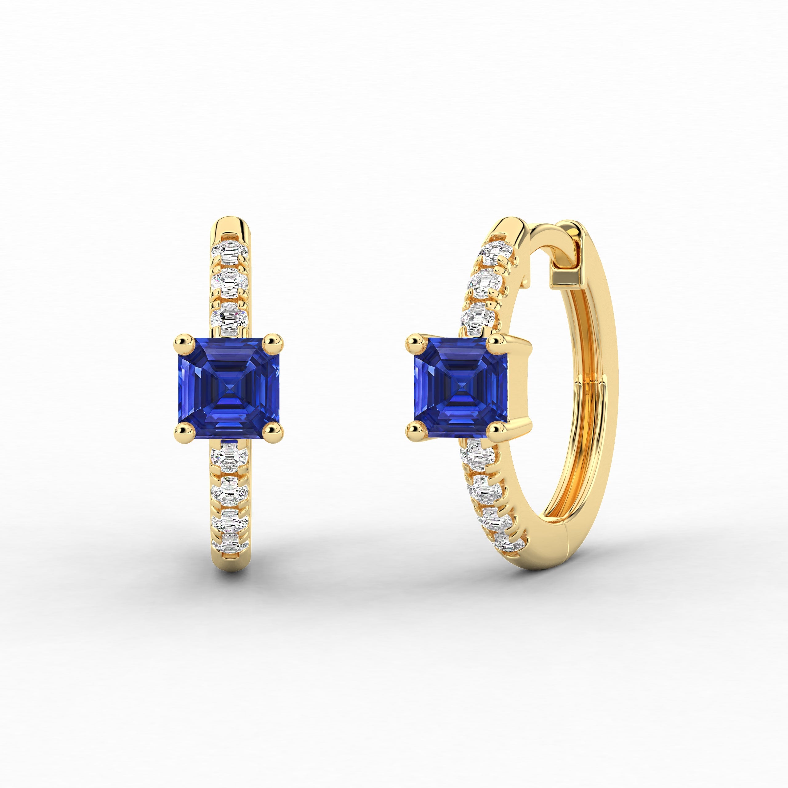 Blue Sapphire And Asscher Cut Moissanite Diamond Hoop Earring In Yellow Gold