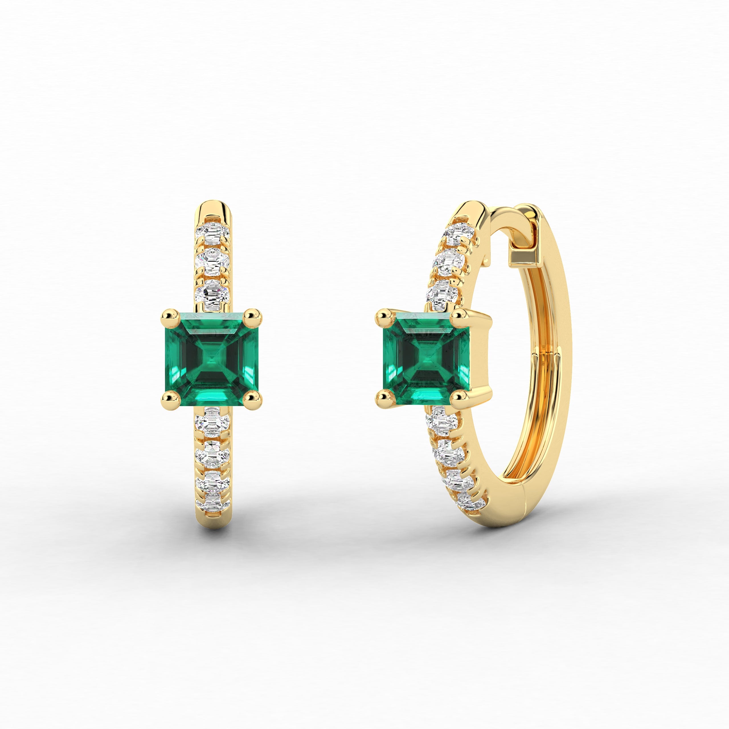 Asscher And Green Emerald Lab Grown Diamond Wedding Hoop Earring In Yellow Gold