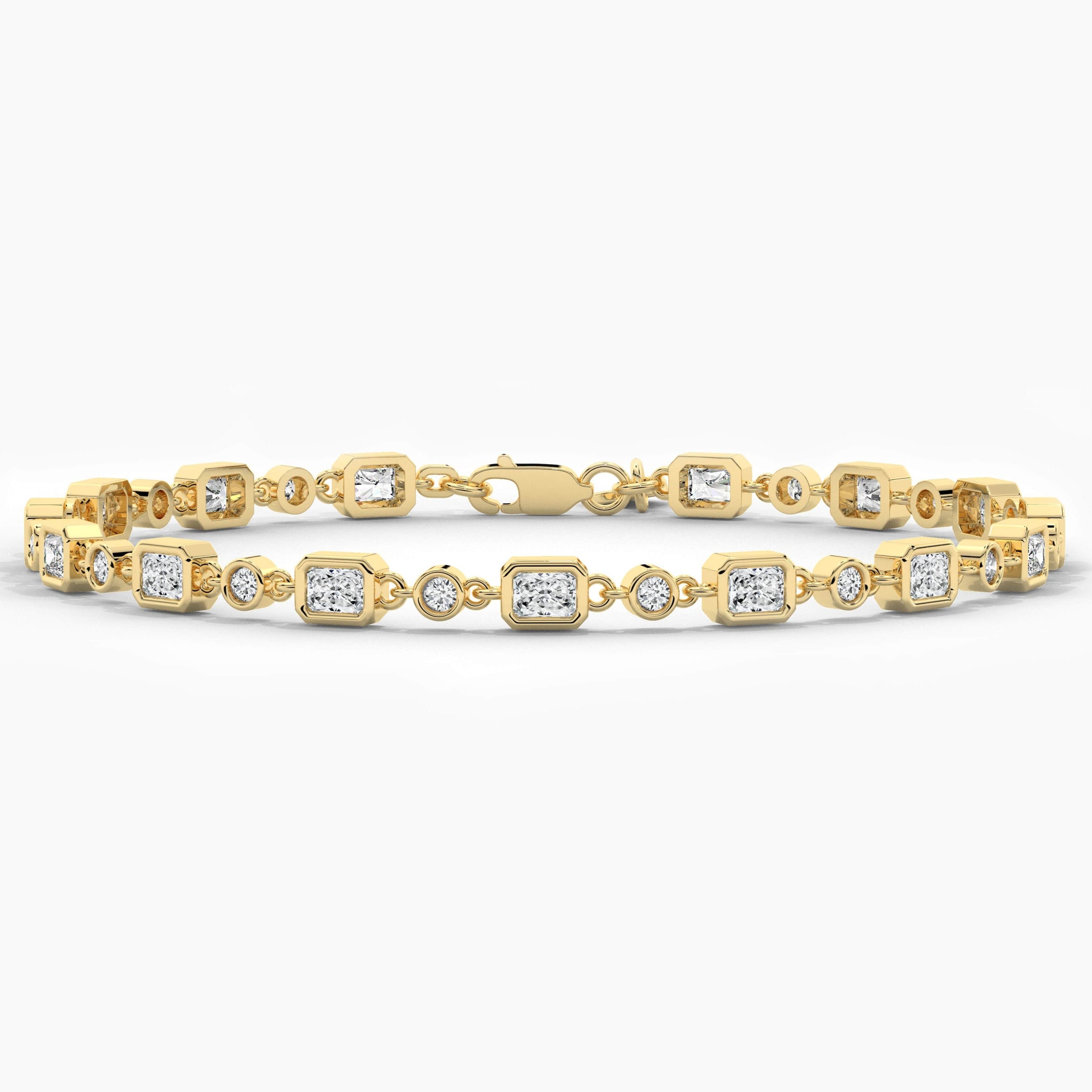 Radiant And Round Cut Moissanite Diamond Tennis Bracelet In Yellow Gold For Woman 