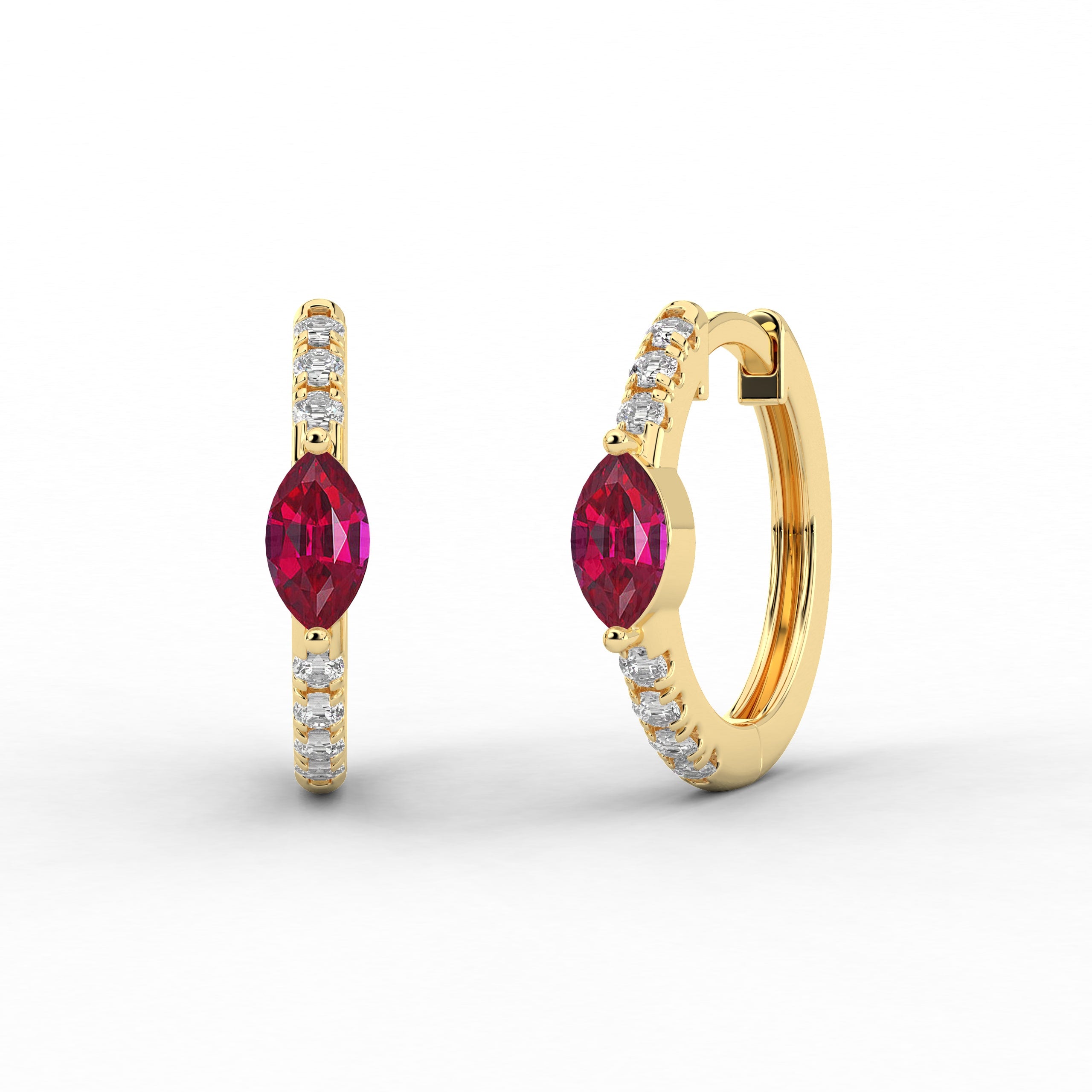 Yellow Gold Marquise And Ruby Lab Grown Diamond Engagement Hoop Earring