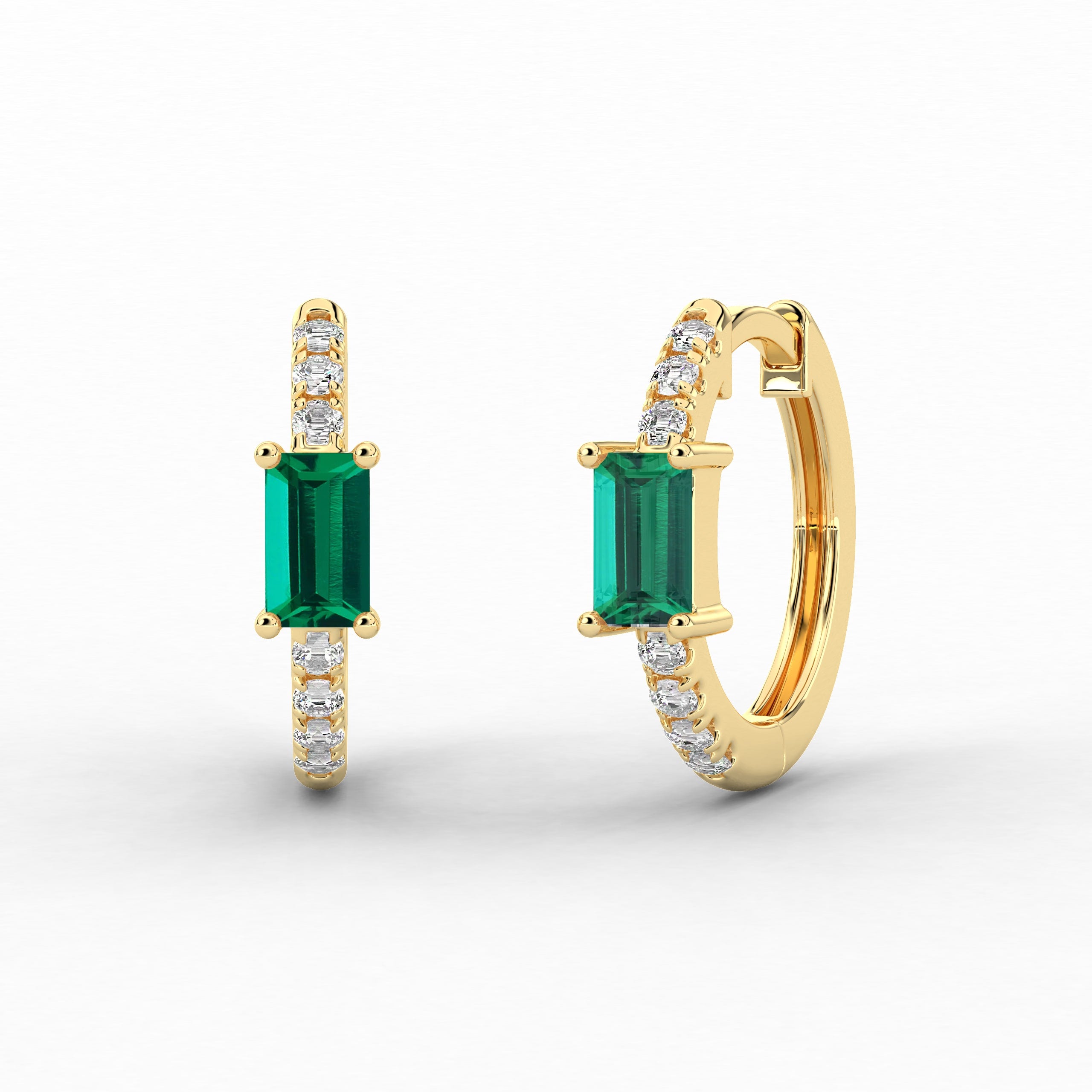 Green Emerald And Baguette Moissanite Diamond Engagement Hoop Earring In Yellow Gold