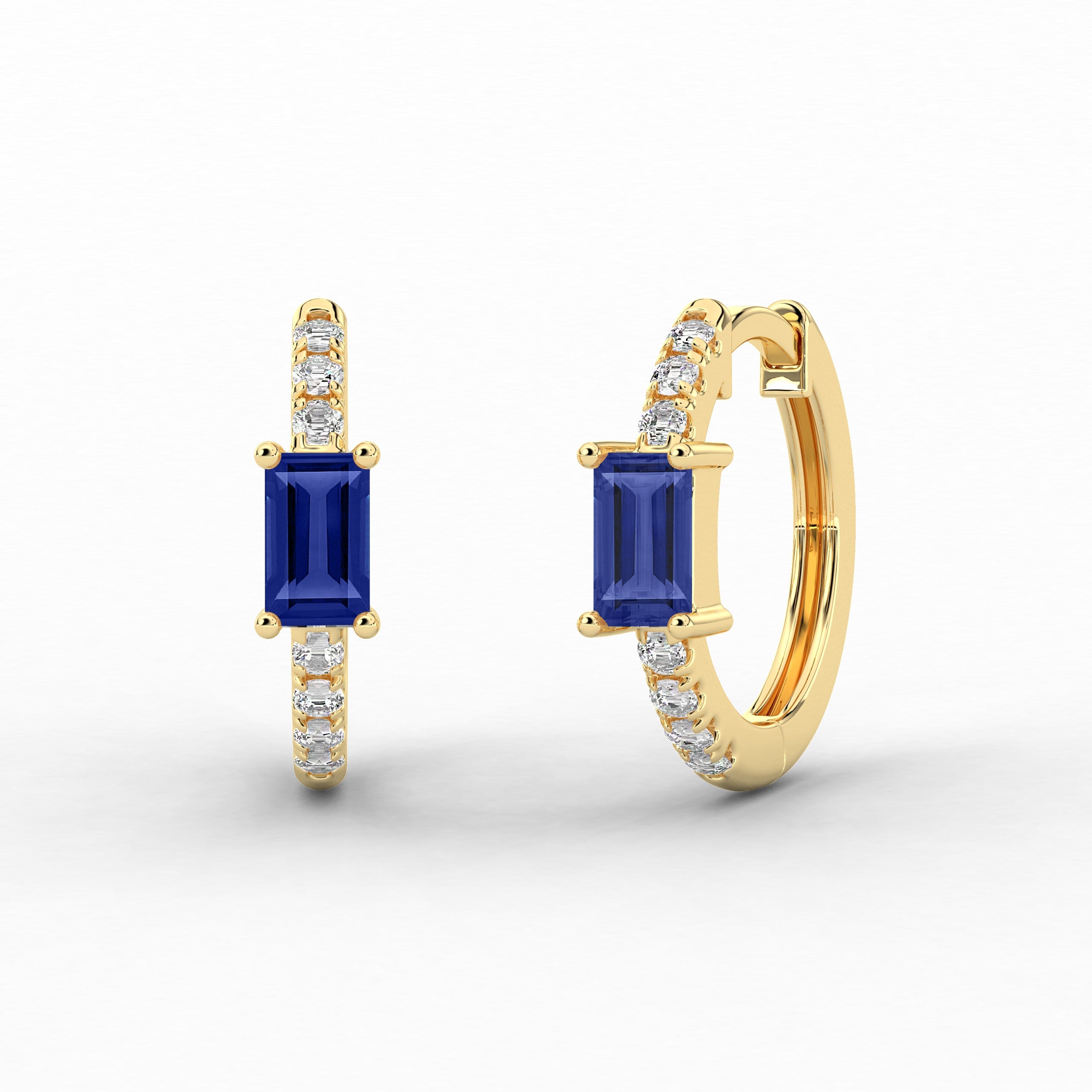 Blue Sapphire And Baguette Moissanite Diamond Engagement Hoop Earring In Yellow Gold