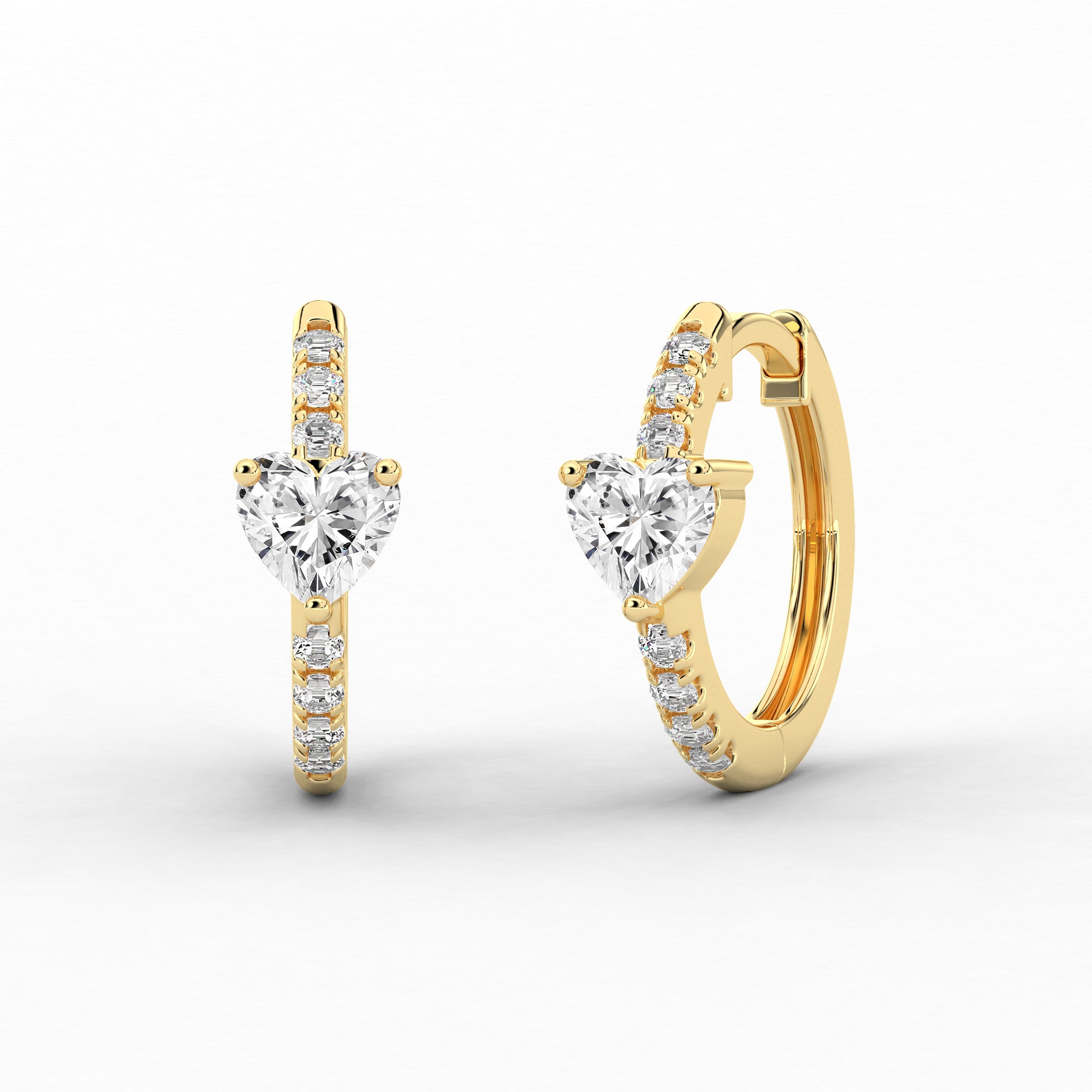 Heart Cut Diamond With Side Stones Hoop In Yellow Gold