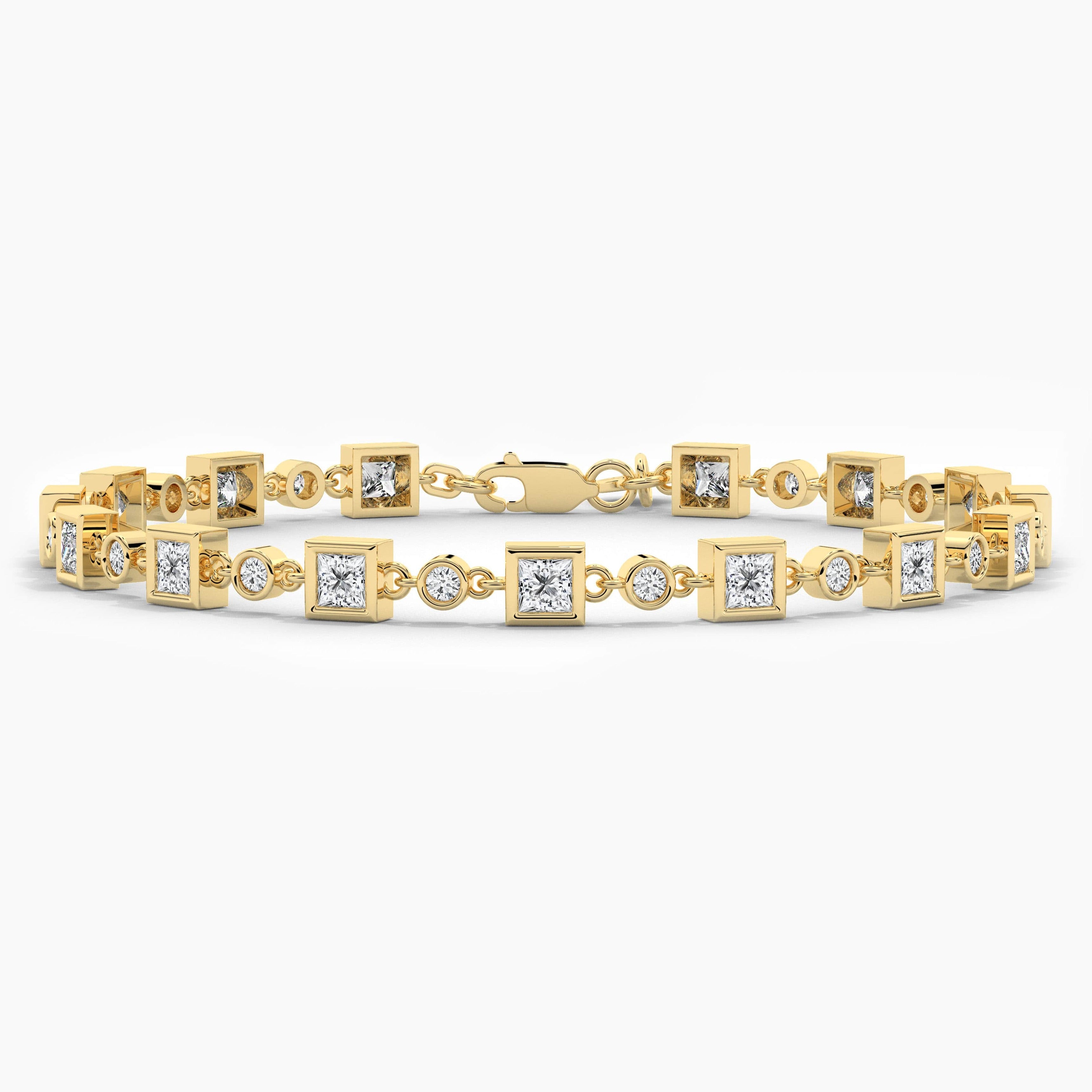 Princess And Round Shape Moissanite Bracelet In Yellow Gold For Woman 