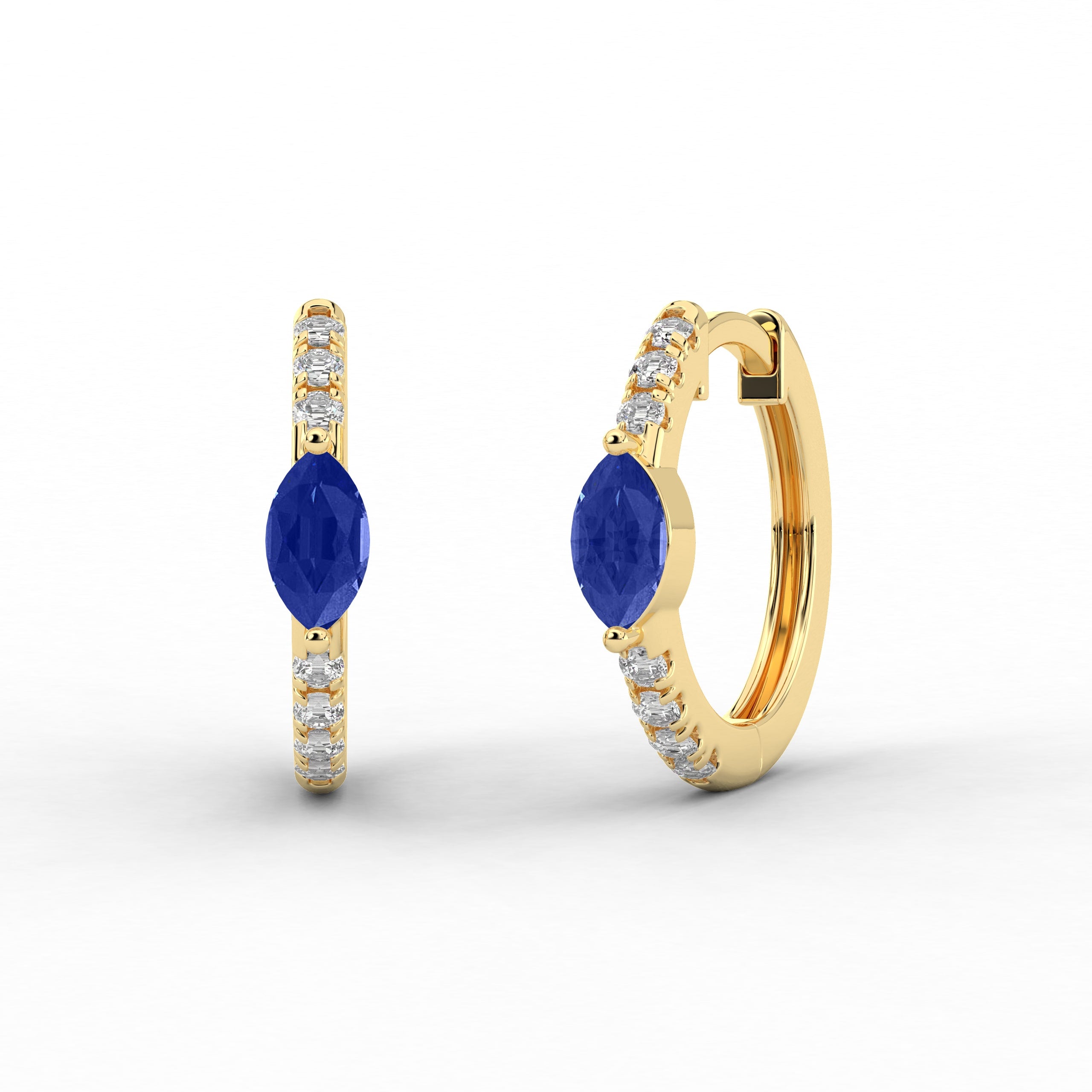Yellow Gold Hoop Earring In Blue Sapphire And Marquise Cut Moissanite Diamond Engagement Gift