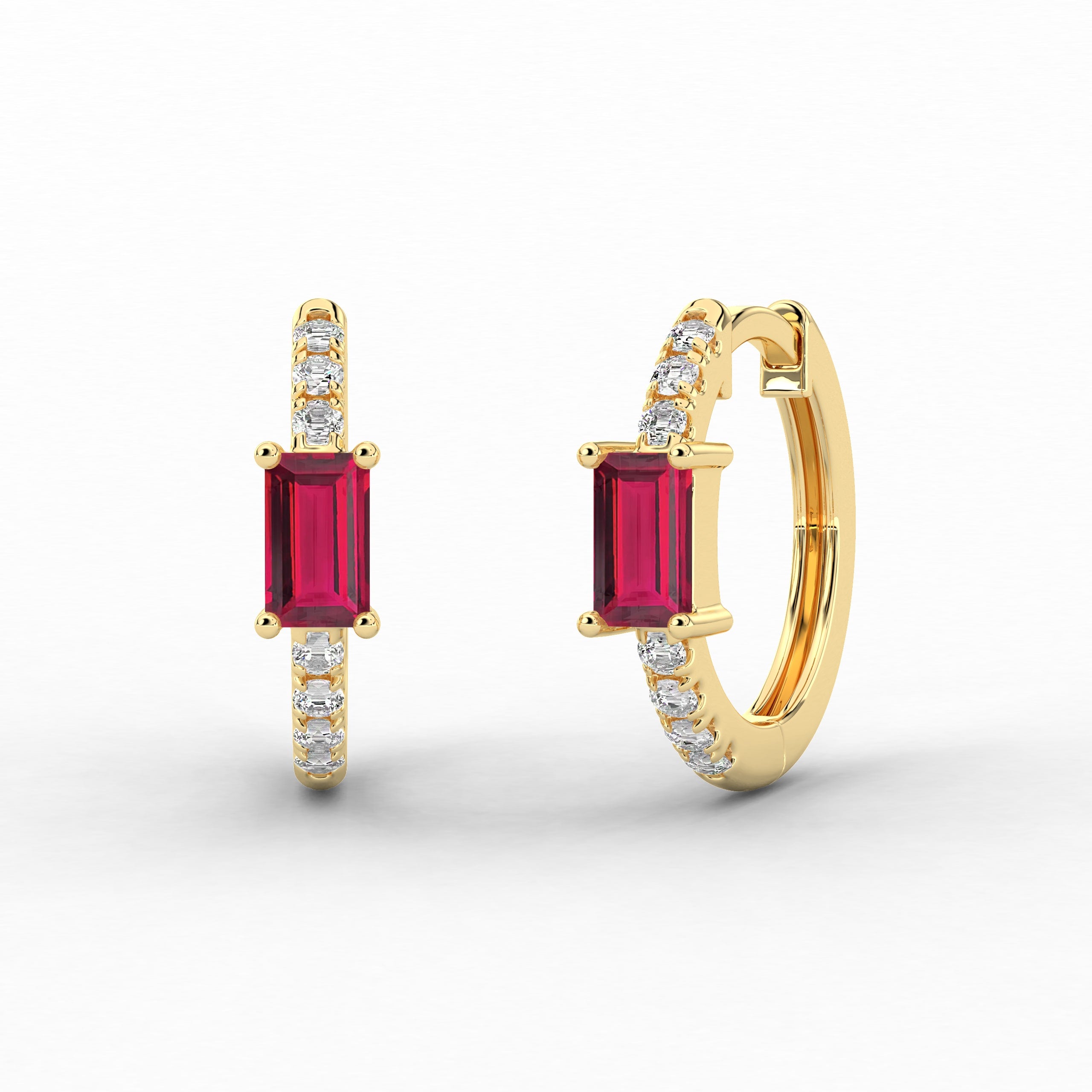 Ruby And Baguette Cut Moissanite Diamond Engagement Hoop Earring In Yellow Gold For Woman