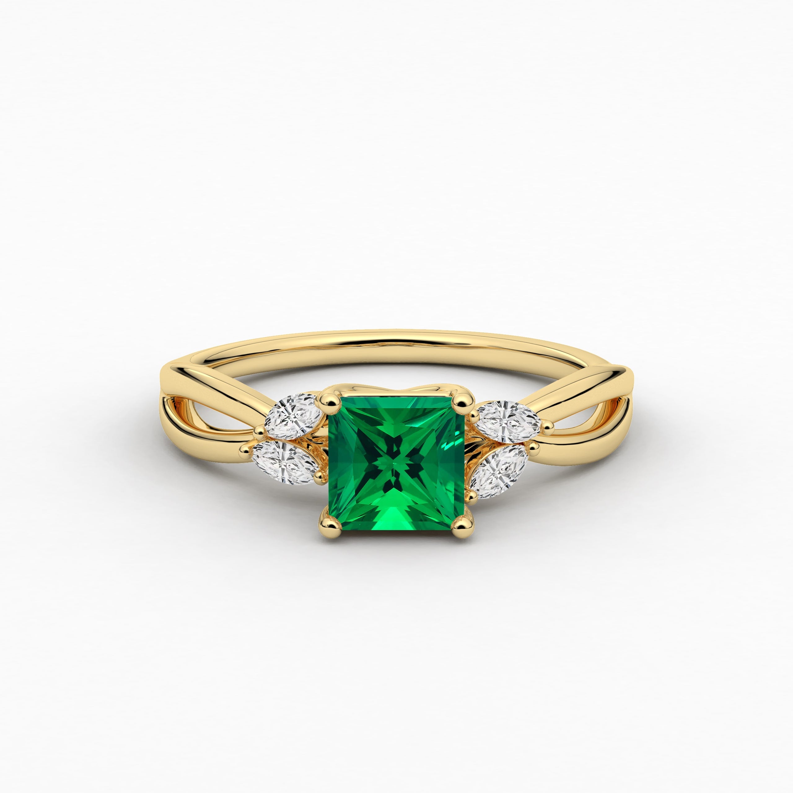  Princess Cut Green Emerald Cut Moissanite Diamond  Nature Inspired Engagement Ring In Yellow Gold