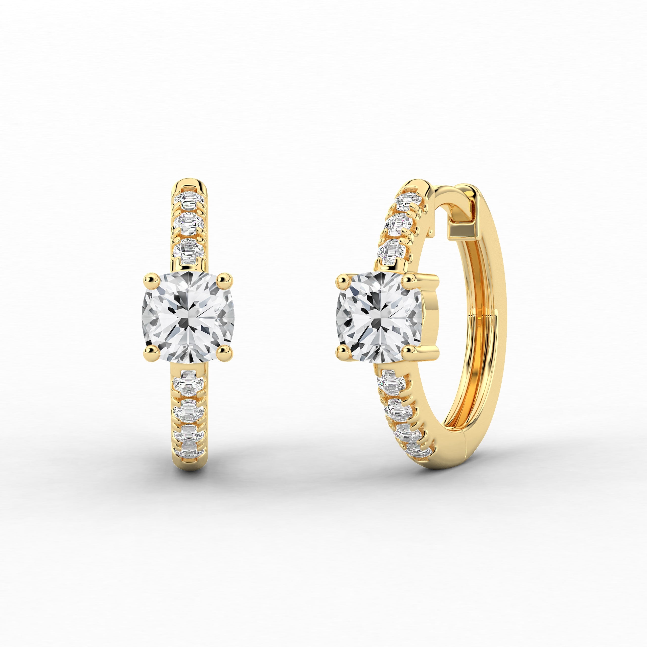 Cushion Cut Diamond With Side Stones Hoop In Yellow Gold 