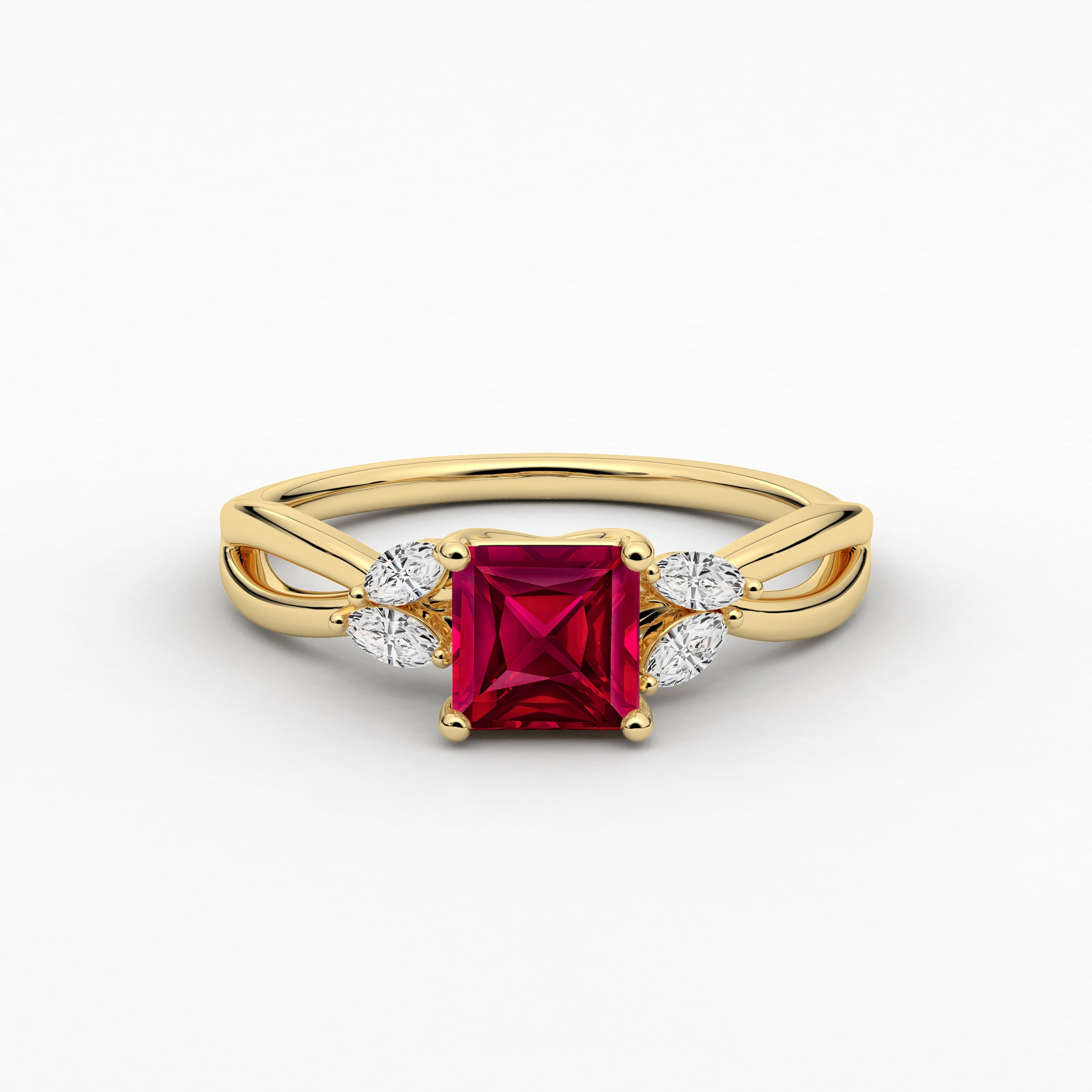 Yellow Gold Asscher Cut Ruby Lab Grown Diamond Nature Inspired Ring