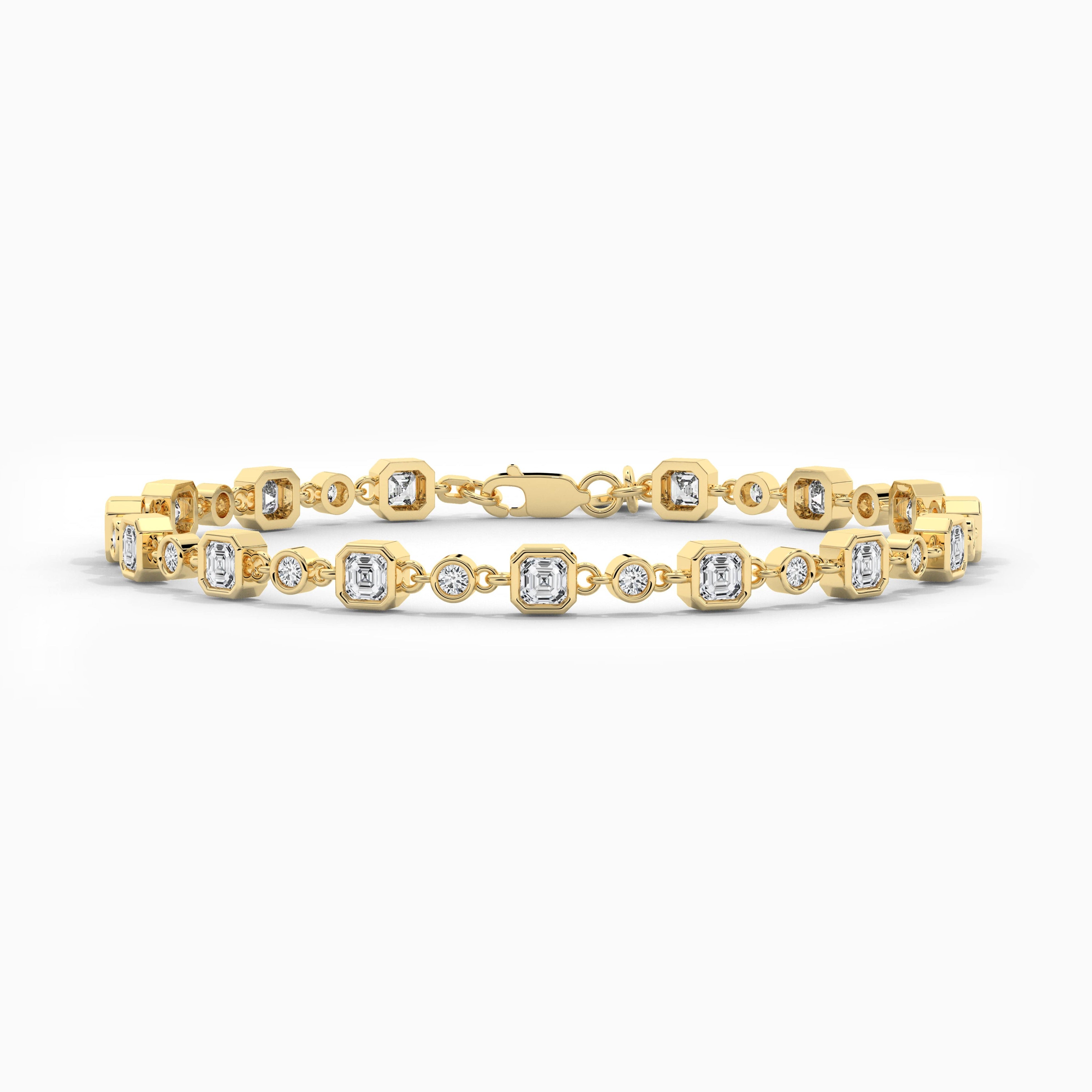 Asscher And Round Shape Diamond Tennis Bracelet In Yellow Gold 