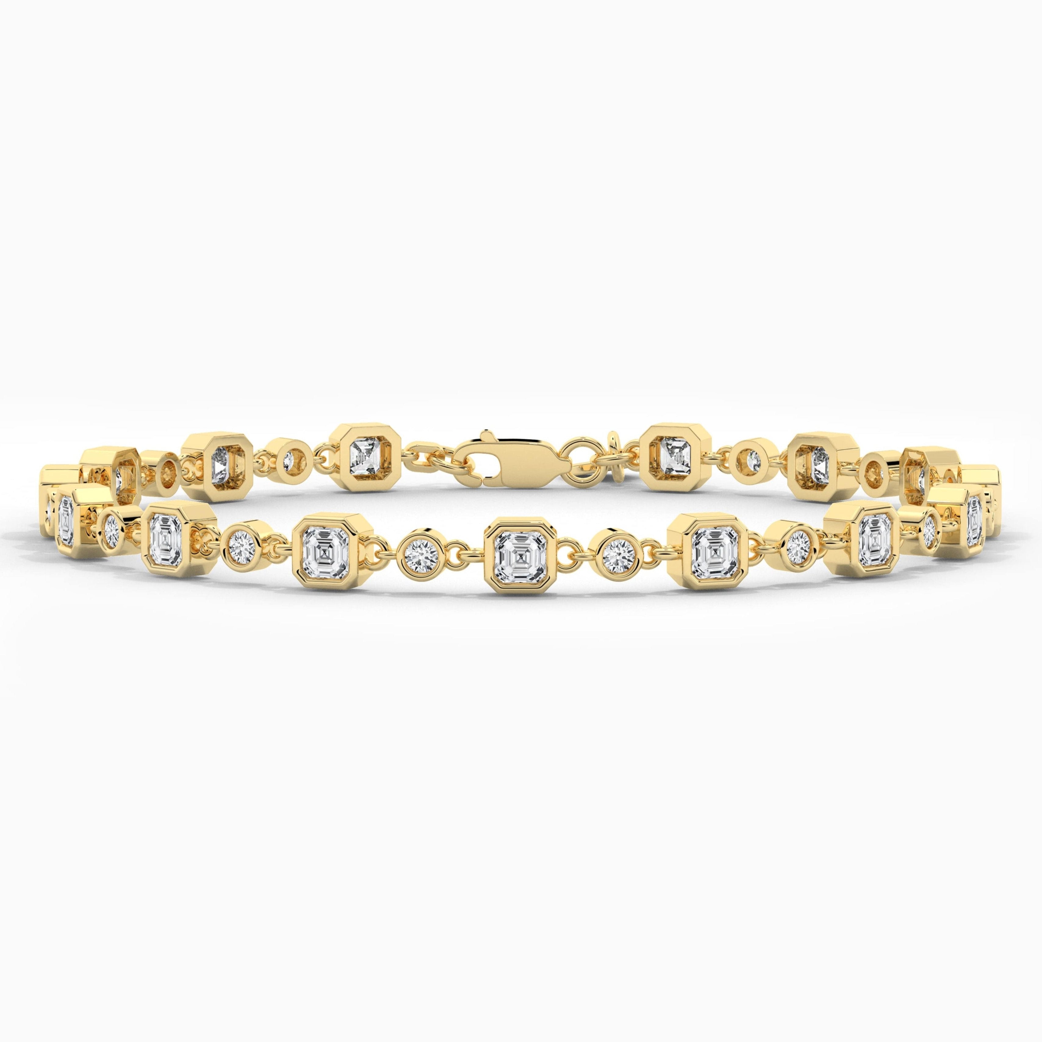 Asscher And Round Shape Diamond Tennis Bracelet In Yellow Gold 