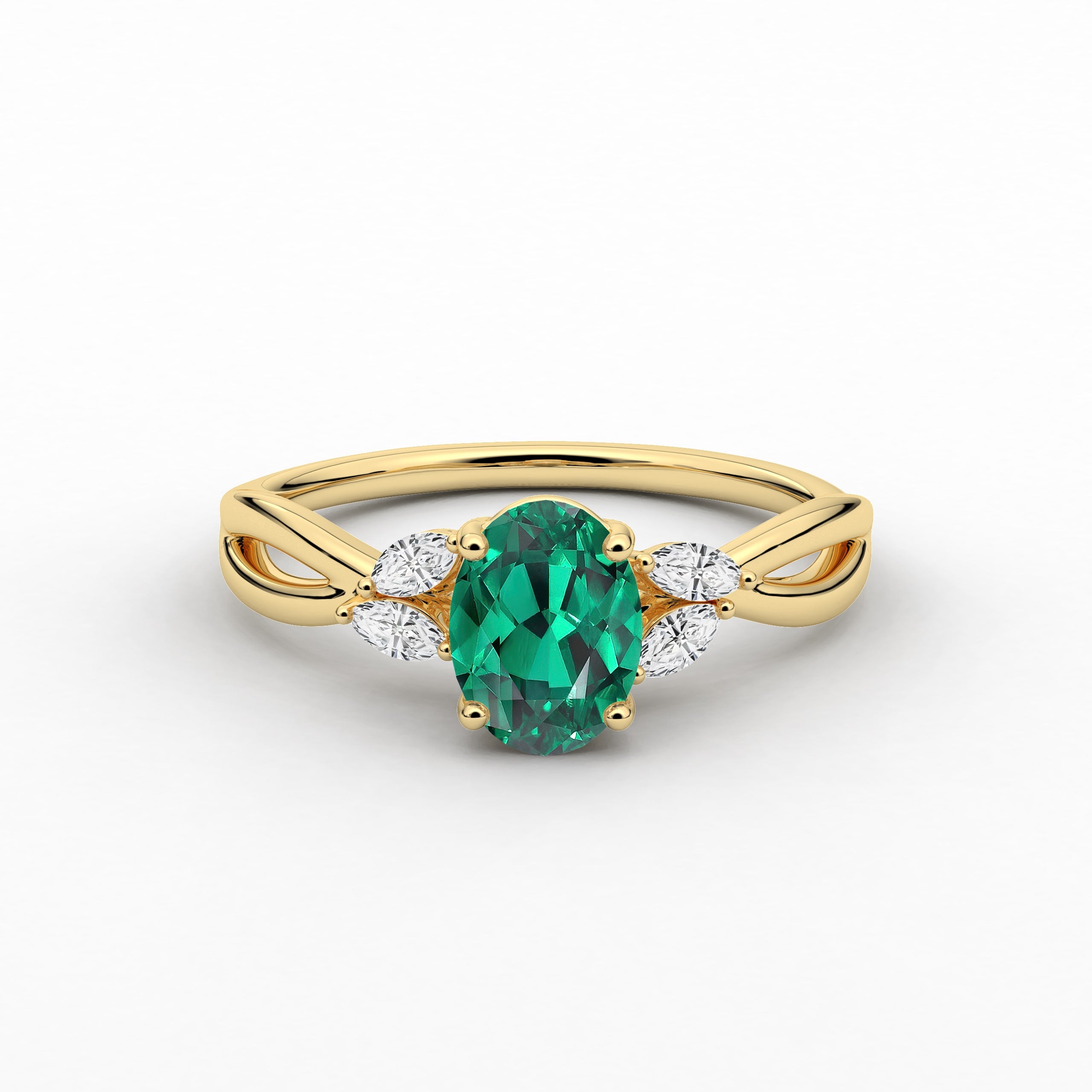 Oval Cut Green Lab Emerald Ring, Unique Nature Inspired Engagement ring in yellow gold