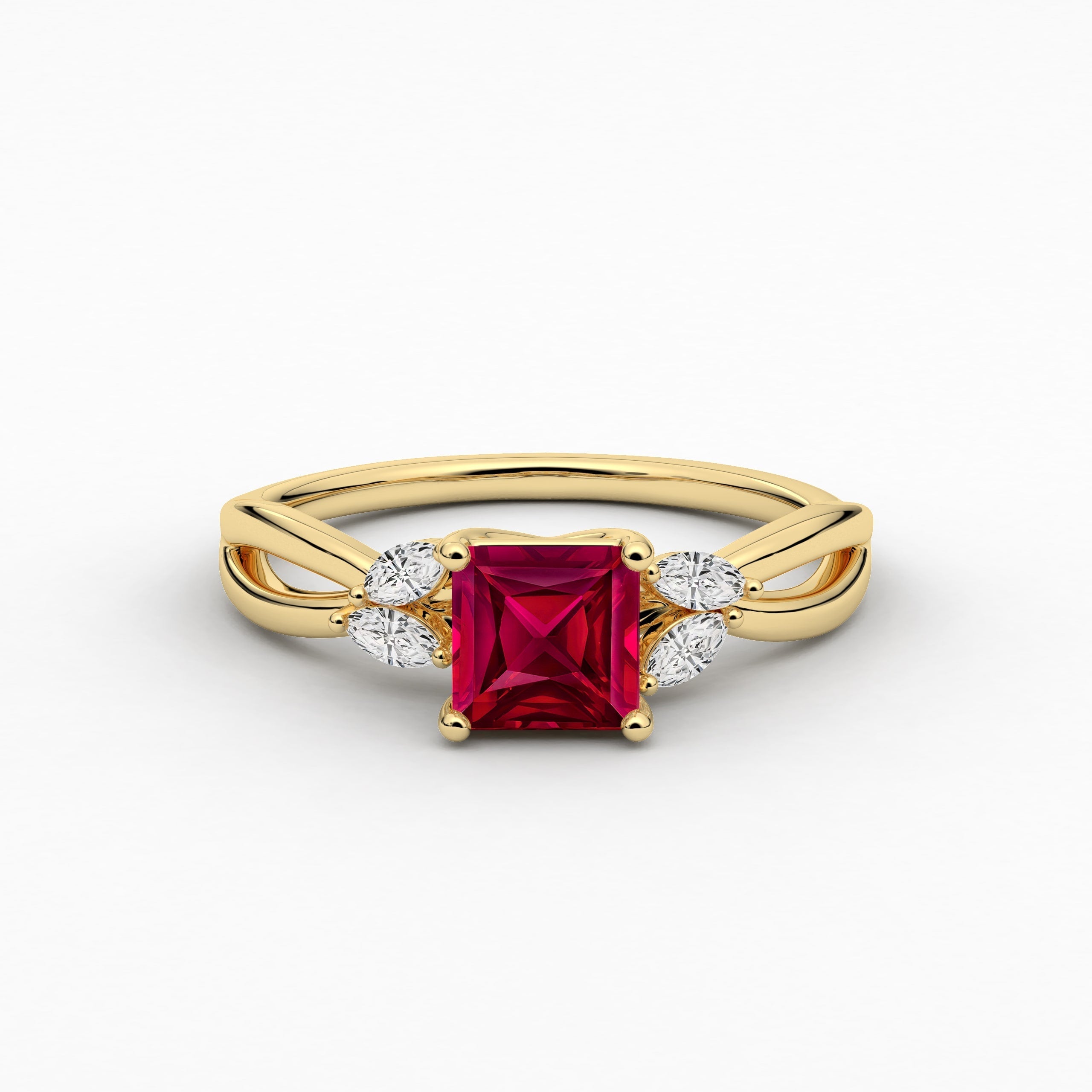 Yellow Gold Asscher Cut Ruby Lab Grown Diamond Nature Inspired Ring