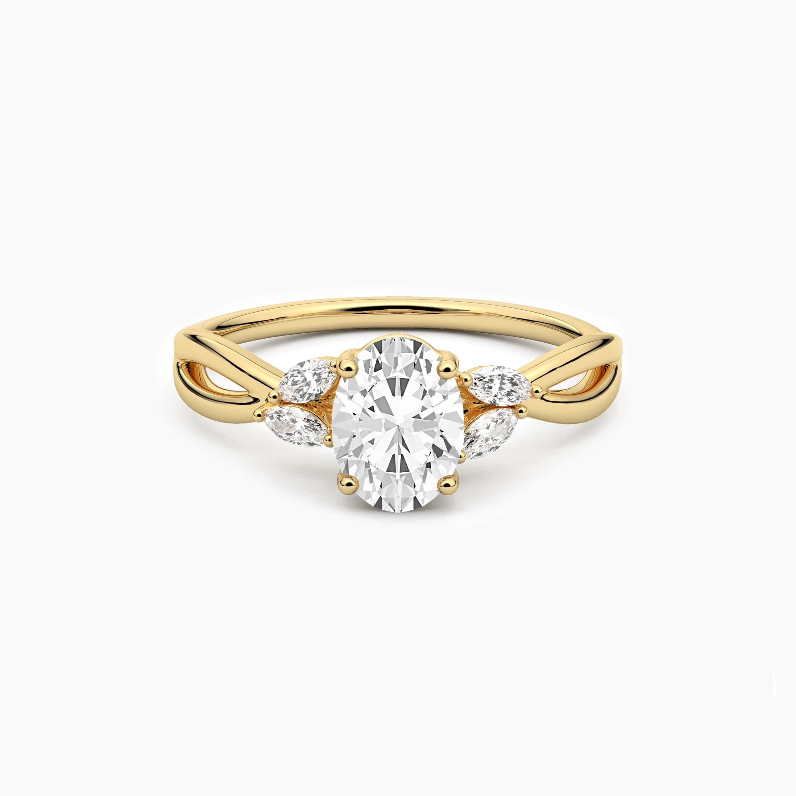 Oval centre engagement ring with marquise diamond ring in yellow gold