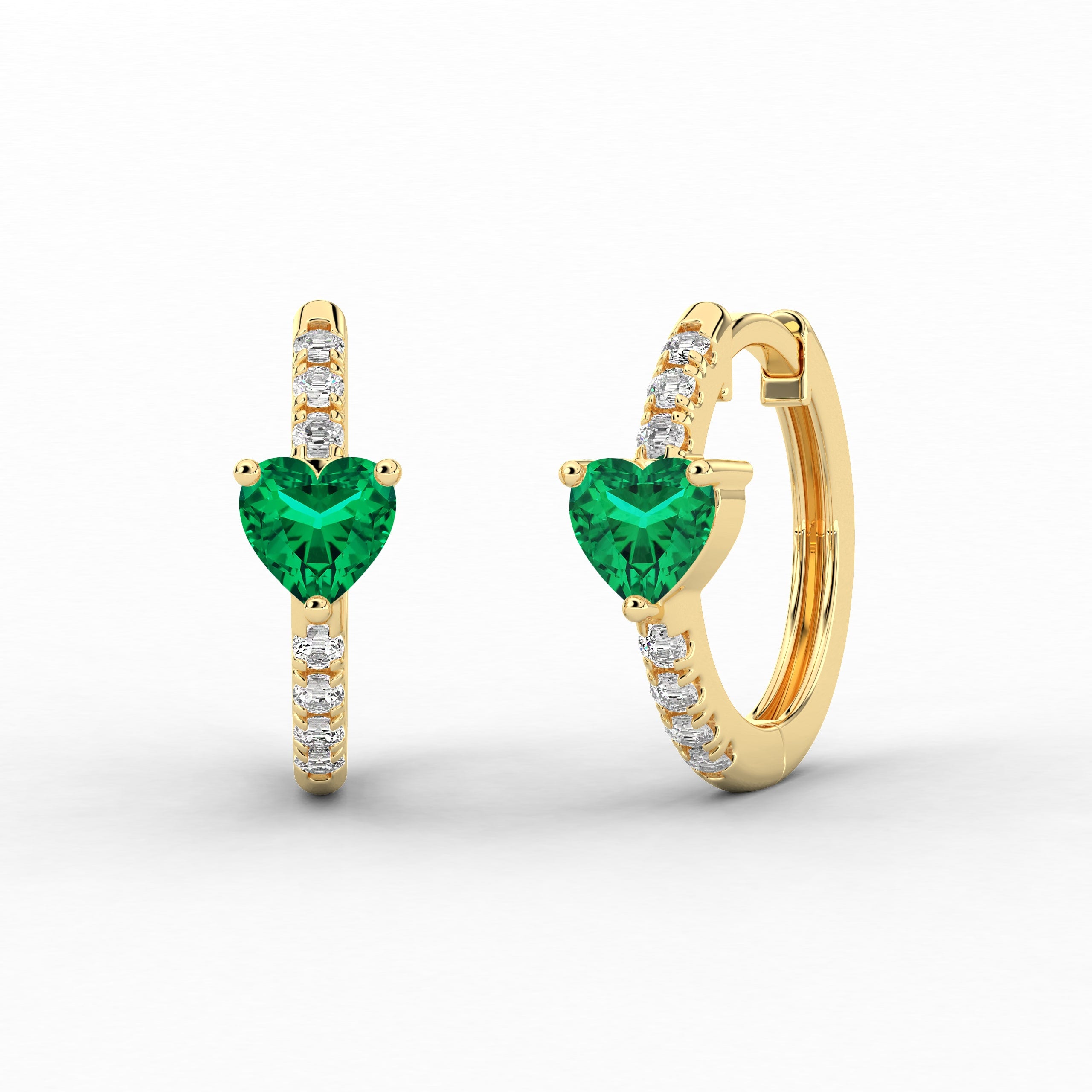 Yellow Gold Green Emerald In Heart Cut Diamond Hoop Earring 