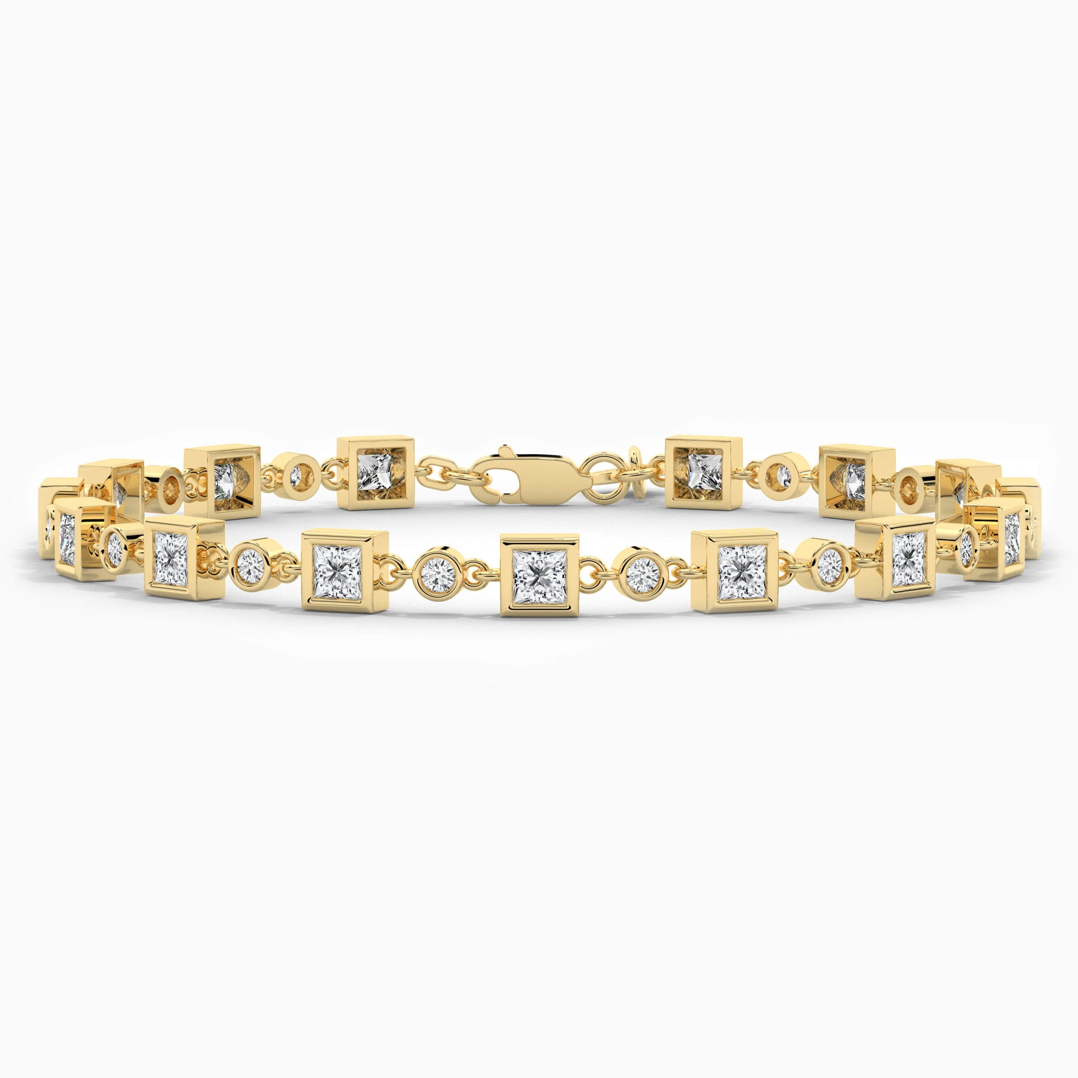 Princess And Round Shape Moissanite Diamond Bracelet In Yellow Gold For Woman 