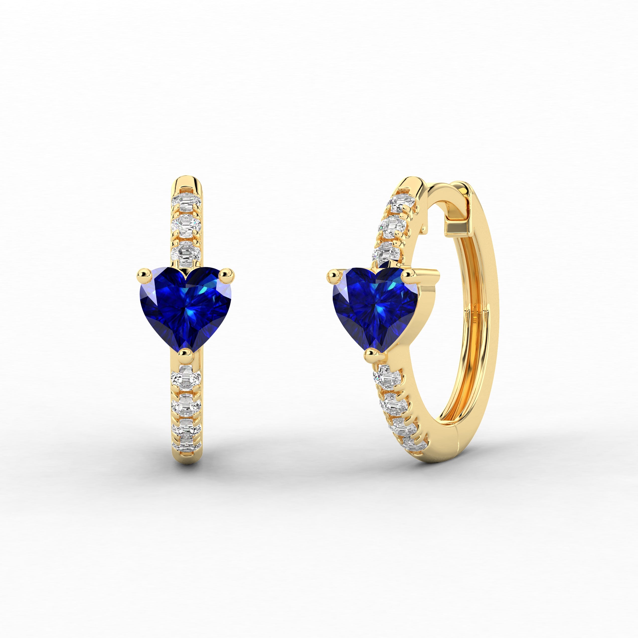 Yellow Gold Blue Sapphire In Heart Cut Diamond Hoop Earring