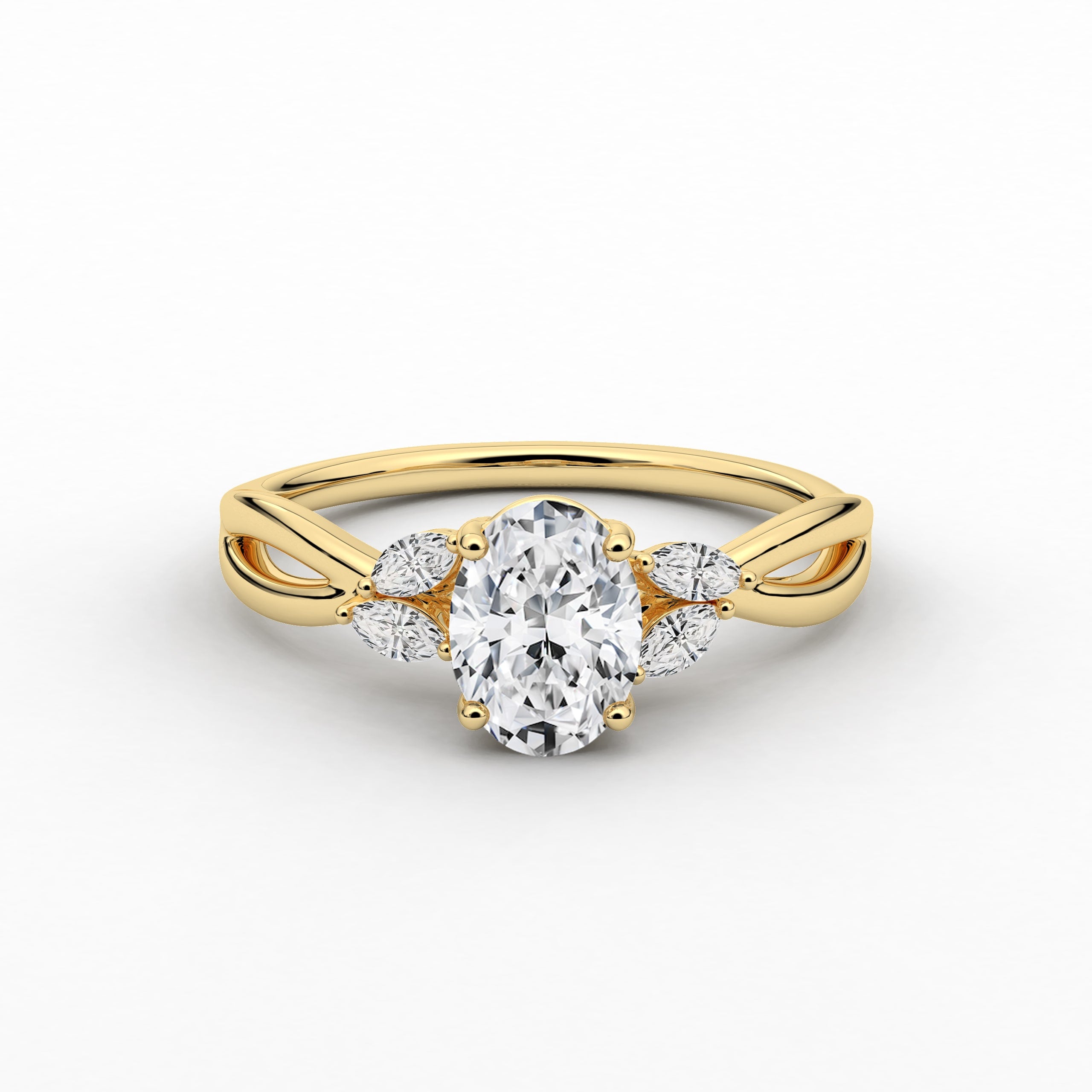 Oval centre engagement ring with marquise diamond  ring in yellow gold