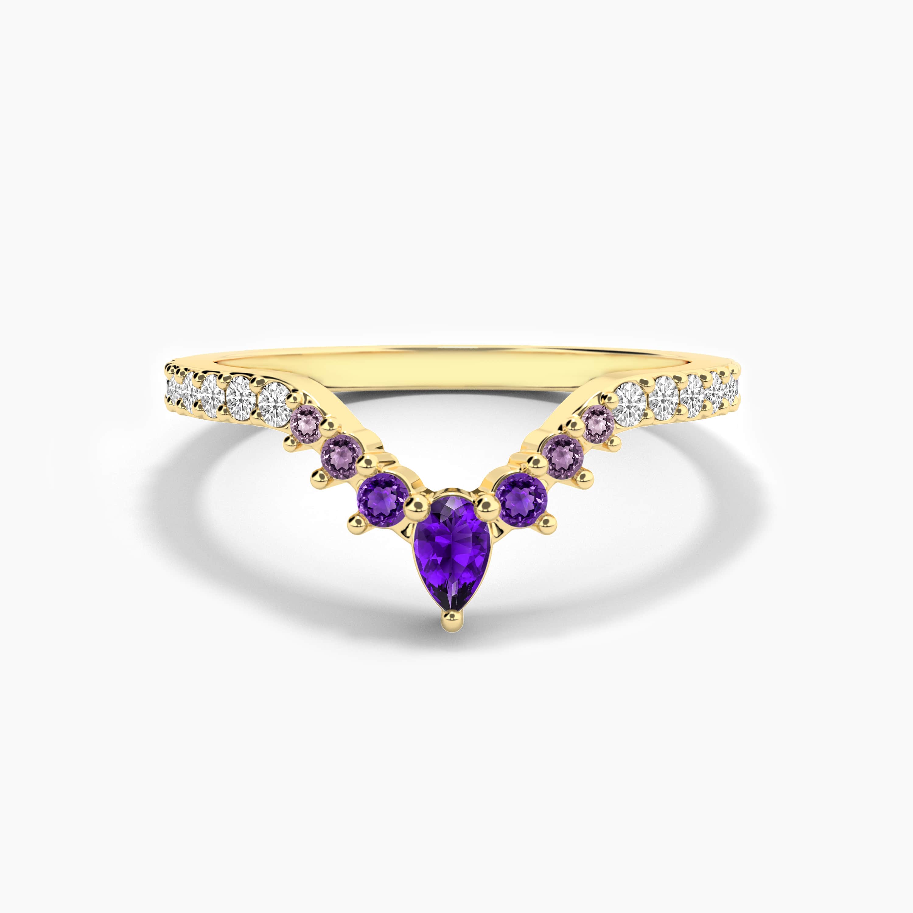 Yellow gold amethyst diamond curved ring